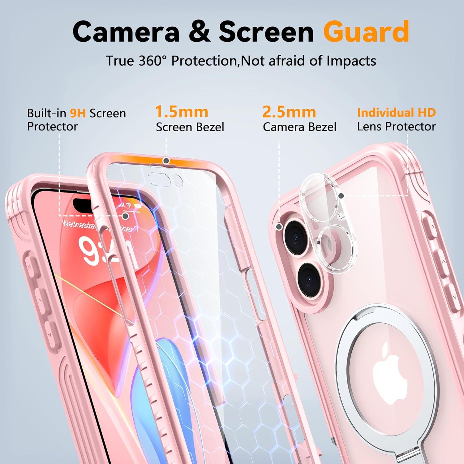Oneagle Magnetic Stand for iPhone 16 Case [Fit for MagSafe], Real 360° Full Body Shockproof Case Built-in [9H Glass Screen Protector]+[Magnet Ring Kickstand],with Camera Protector Soft TPU Bumper Case