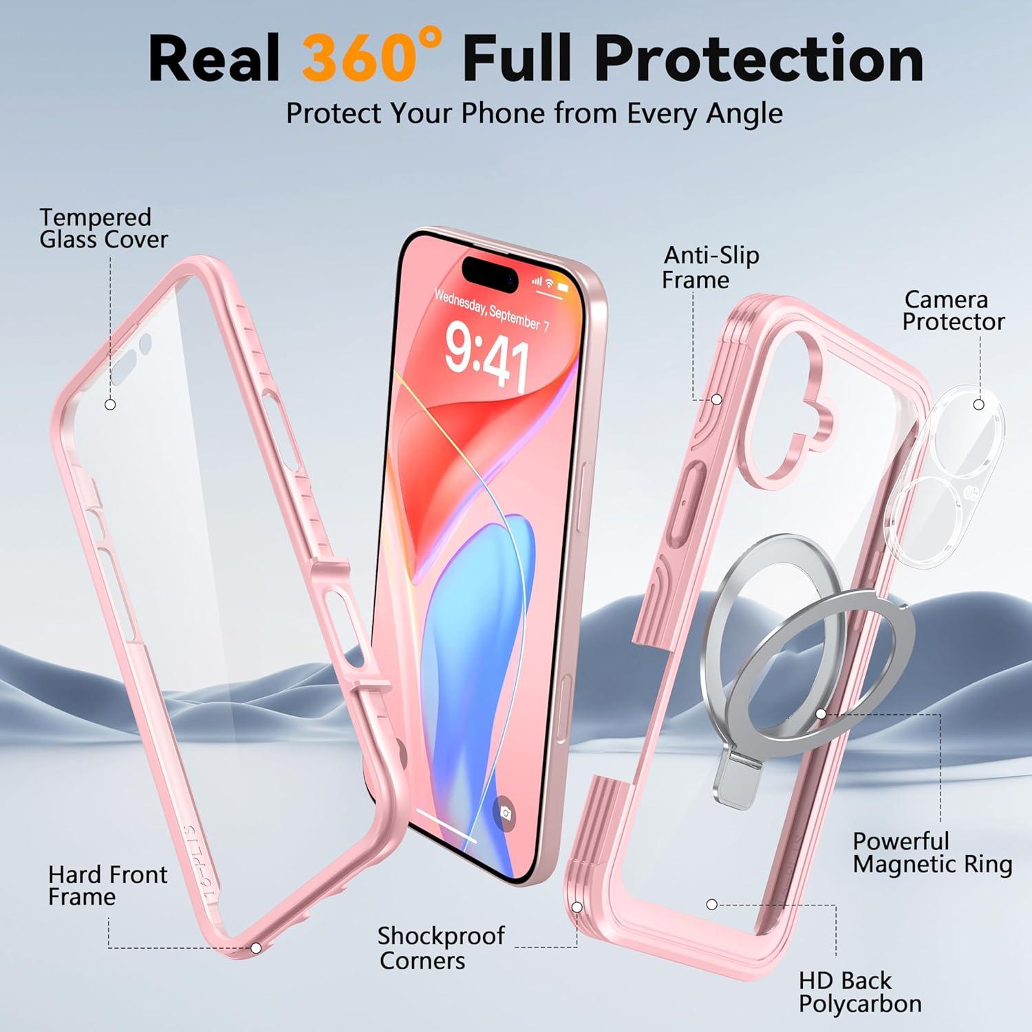 Oneagle Magnetic Stand for iPhone 16 Case [Fit for MagSafe], Real 360° Full Body Shockproof Case Built-in [9H Glass Screen Protector]+[Magnet Ring Kickstand],with Camera Protector Soft TPU Bumper Case