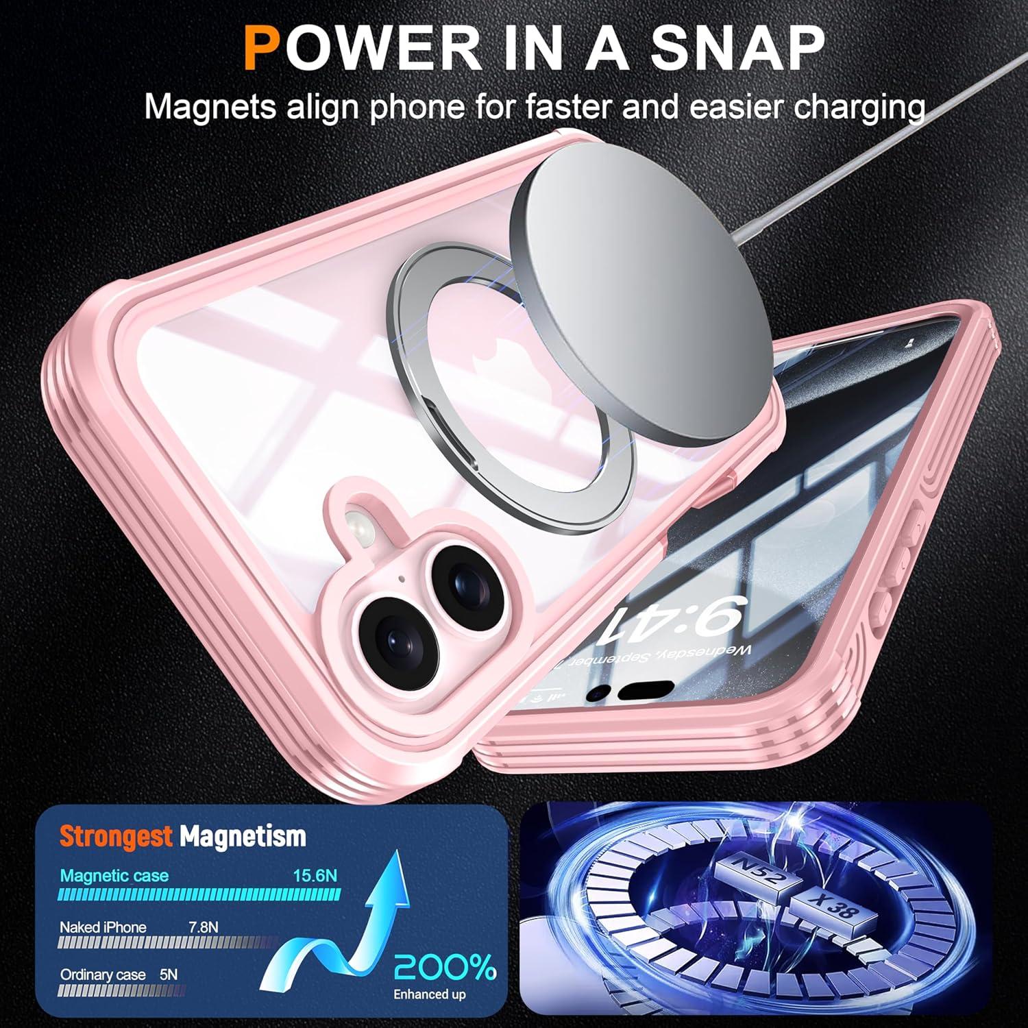 Oneagle Magnetic Stand for iPhone 16 Case [Fit for MagSafe], Real 360° Full Body Shockproof Case Built-in [9H Glass Screen Protector]+[Magnet Ring Kickstand],with Camera Protector Soft TPU Bumper Case