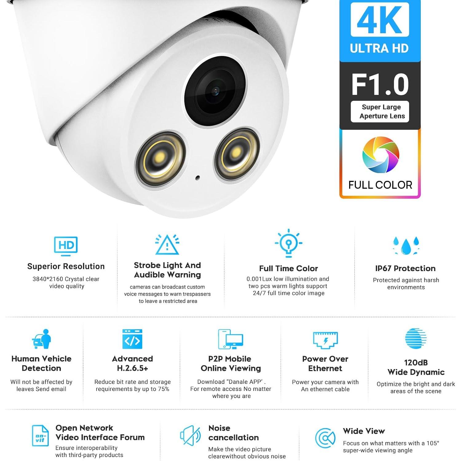 Cámara IP PoE VIKYLIN 8MP 4K Color Completo AI 30m Visión Nocturna