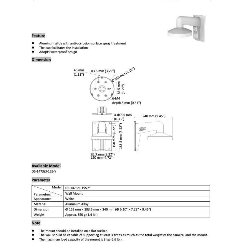 Soporte de Pared para Cámara Domo Real HD PC155 0.89 kg