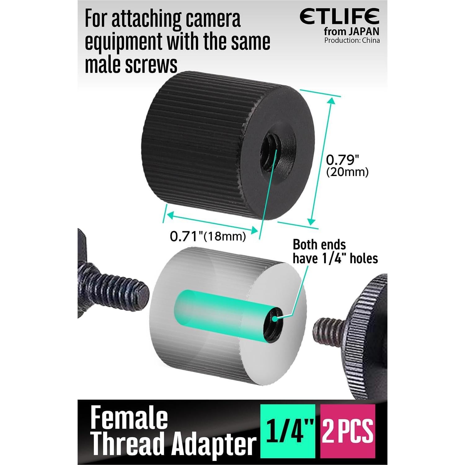 Adaptador de Rosca de Trípode ETLIFE 1/4 F a 1/4 F - 2 Piezas