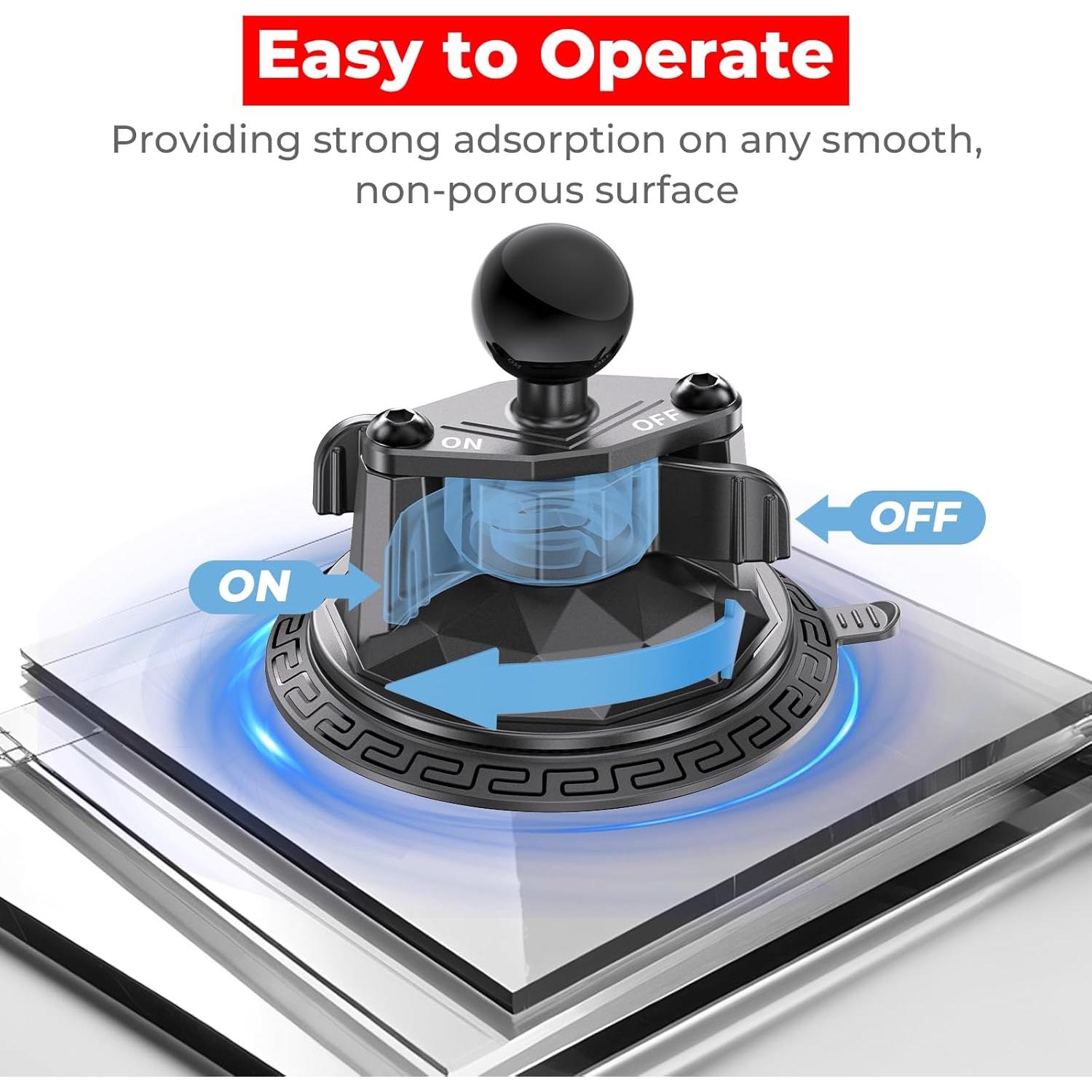 1" Ball Twist-Lock Suction Cup Mount, 3.5" Large Suction Cup Base for Vehicle Windshields, Compatible with RAM Mounts B Size 1" Ball Double Socket Arm, for GoPro Insta360 Camera Phone Holder