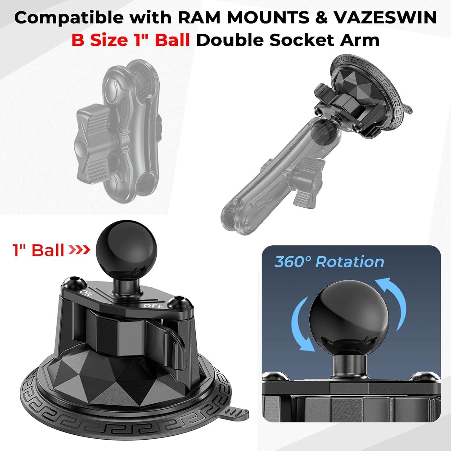 1" Ball Twist-Lock Suction Cup Mount, 3.5" Large Suction Cup Base for Vehicle Windshields, Compatible with RAM Mounts B Size 1" Ball Double Socket Arm, for GoPro Insta360 Camera Phone Holder