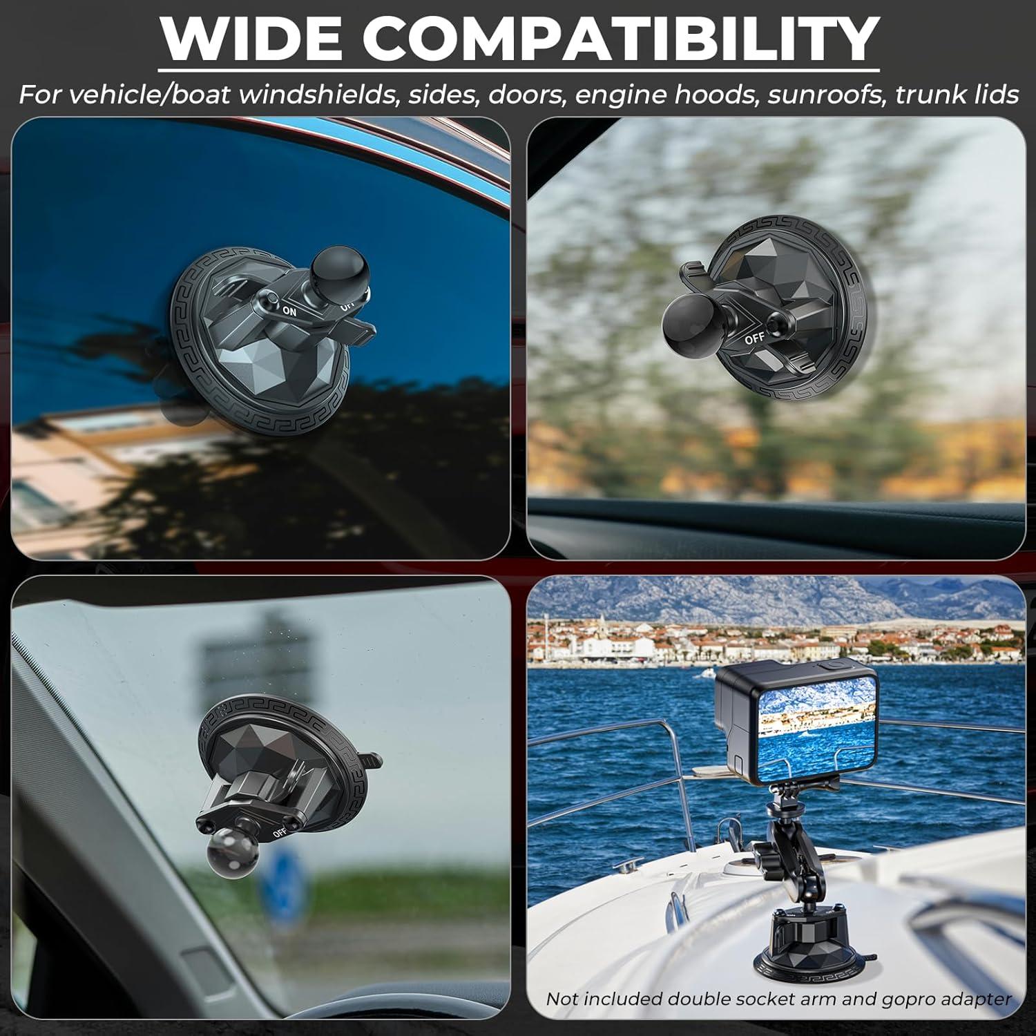 1" Ball Twist-Lock Suction Cup Mount, 3.5" Large Suction Cup Base for Vehicle Windshields, Compatible with RAM Mounts B Size 1" Ball Double Socket Arm, for GoPro Insta360 Camera Phone Holder