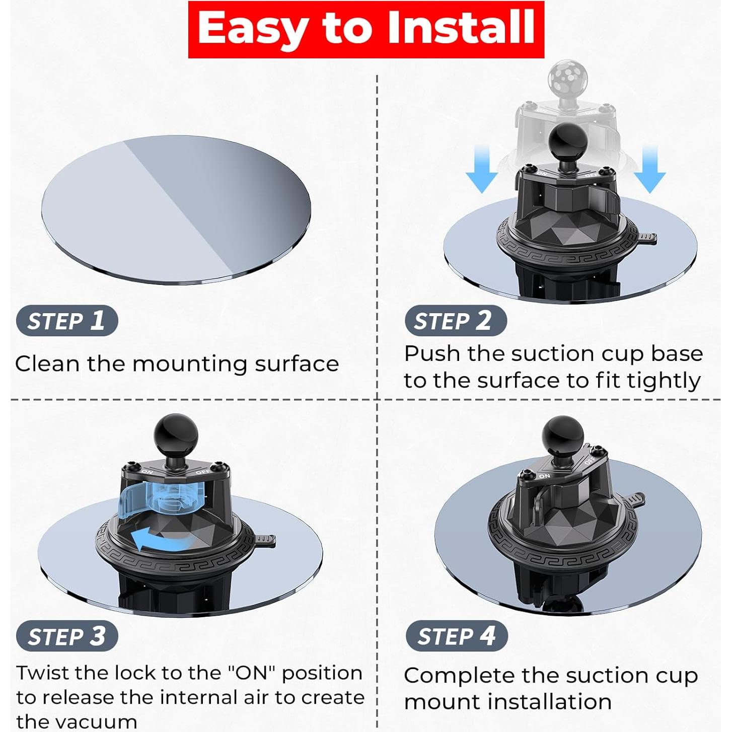 1" Ball Twist-Lock Suction Cup Mount, 3.5" Large Suction Cup Base for Vehicle Windshields, Compatible with RAM Mounts B Size 1" Ball Double Socket Arm, for GoPro Insta360 Camera Phone Holder