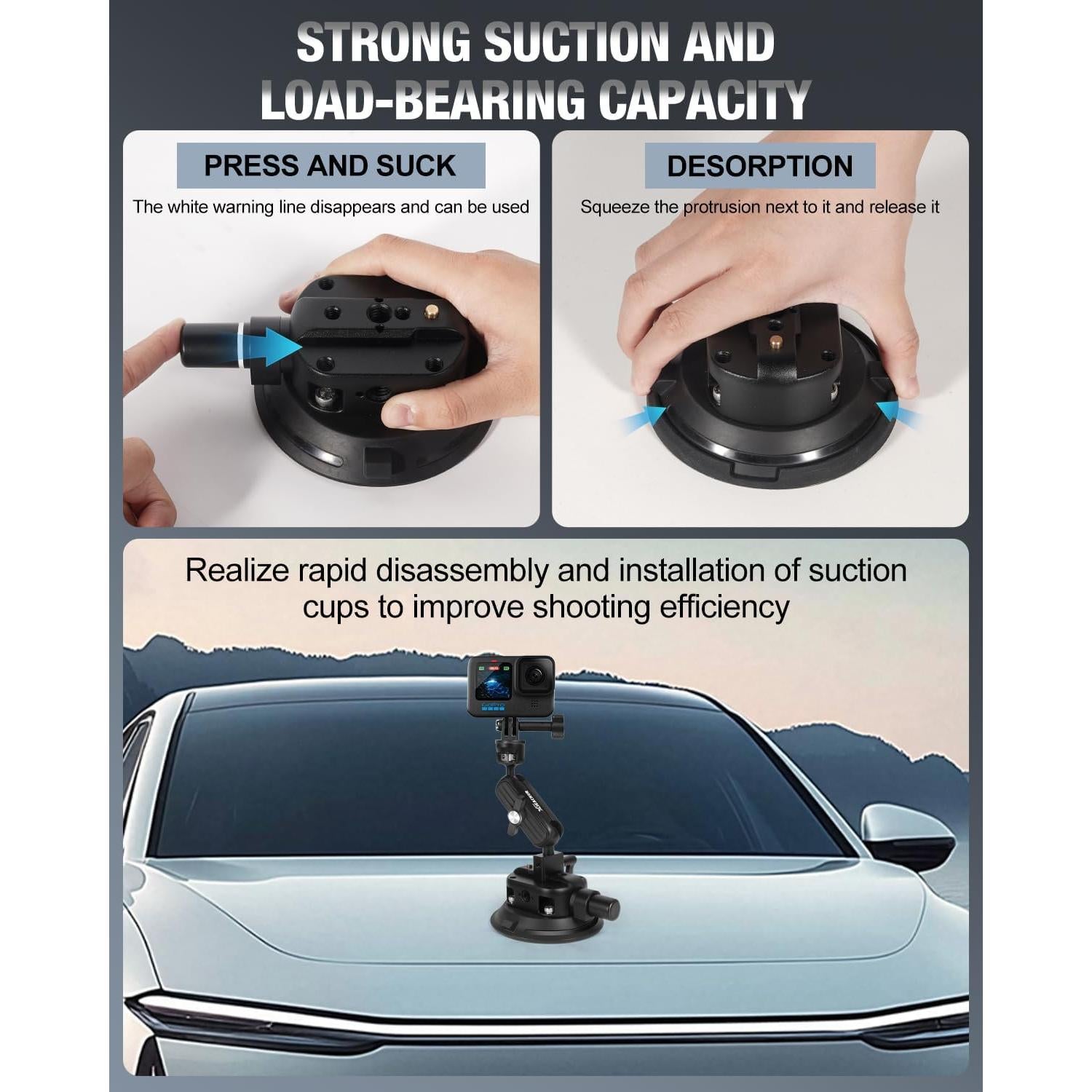 Soporte de Cámara con Ventosa xieachur 4.5" para GoPro y DSLR