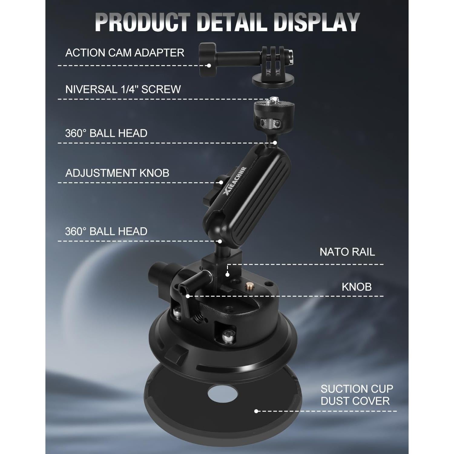 Soporte de Cámara con Ventosa xieachur 4.5" para GoPro y DSLR