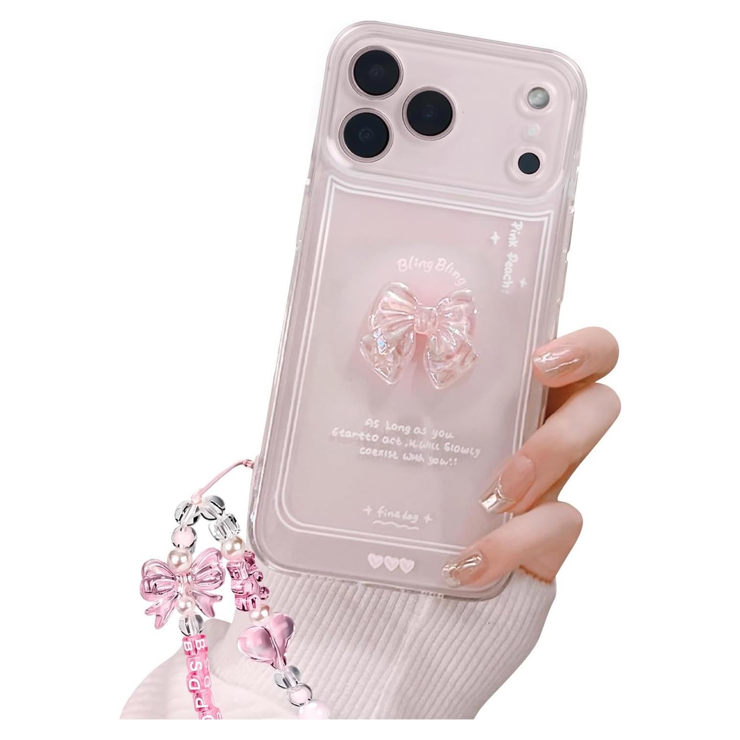 Funda para iPhone 17 Pro Rosa Lazo 3D TPU + Cadena Brillante