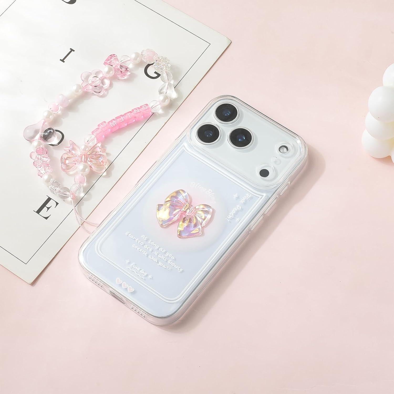 Funda para iPhone 17 Pro Rosa Lazo 3D TPU + Cadena Brillante