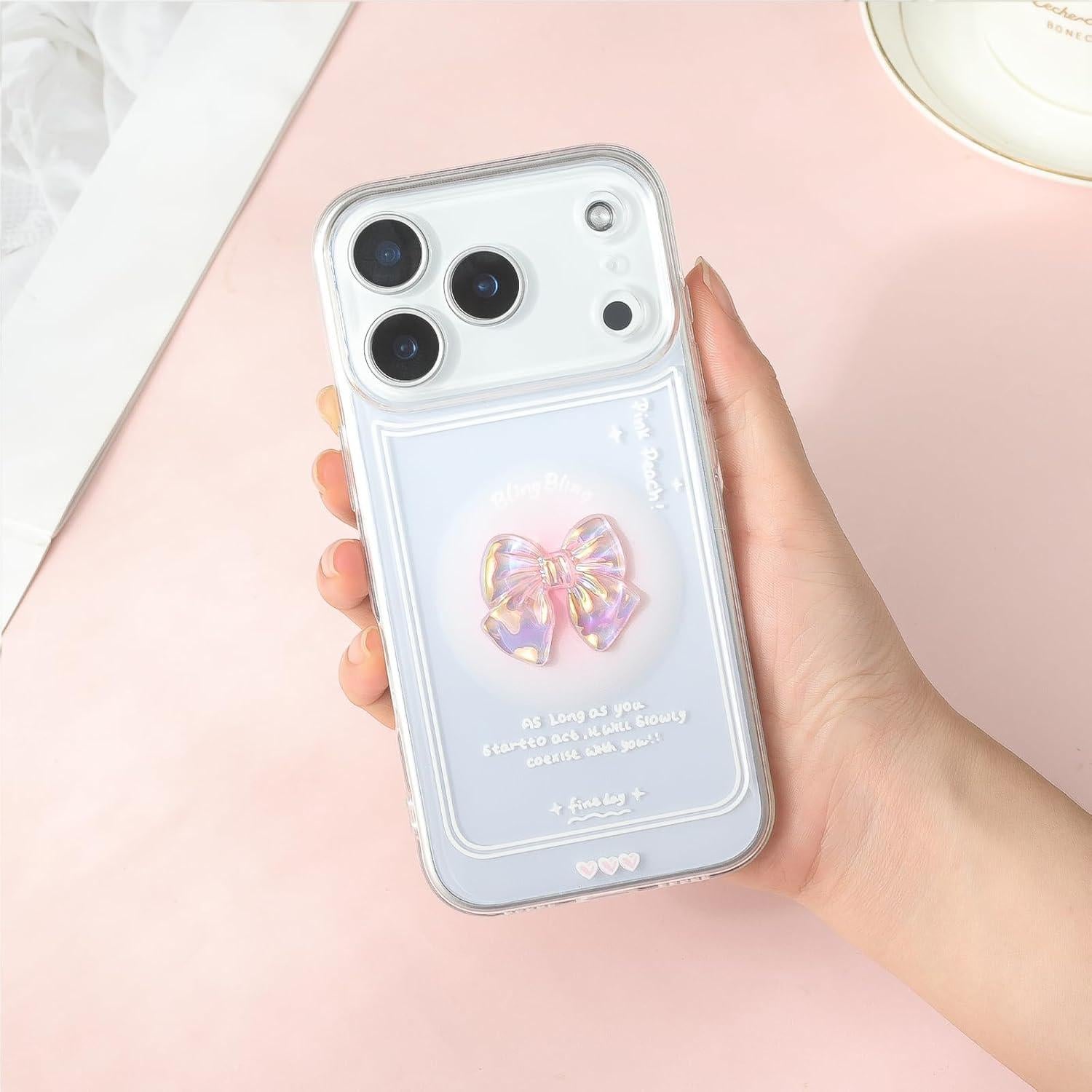 Funda para iPhone 17 Pro Rosa Lazo 3D TPU + Cadena Brillante