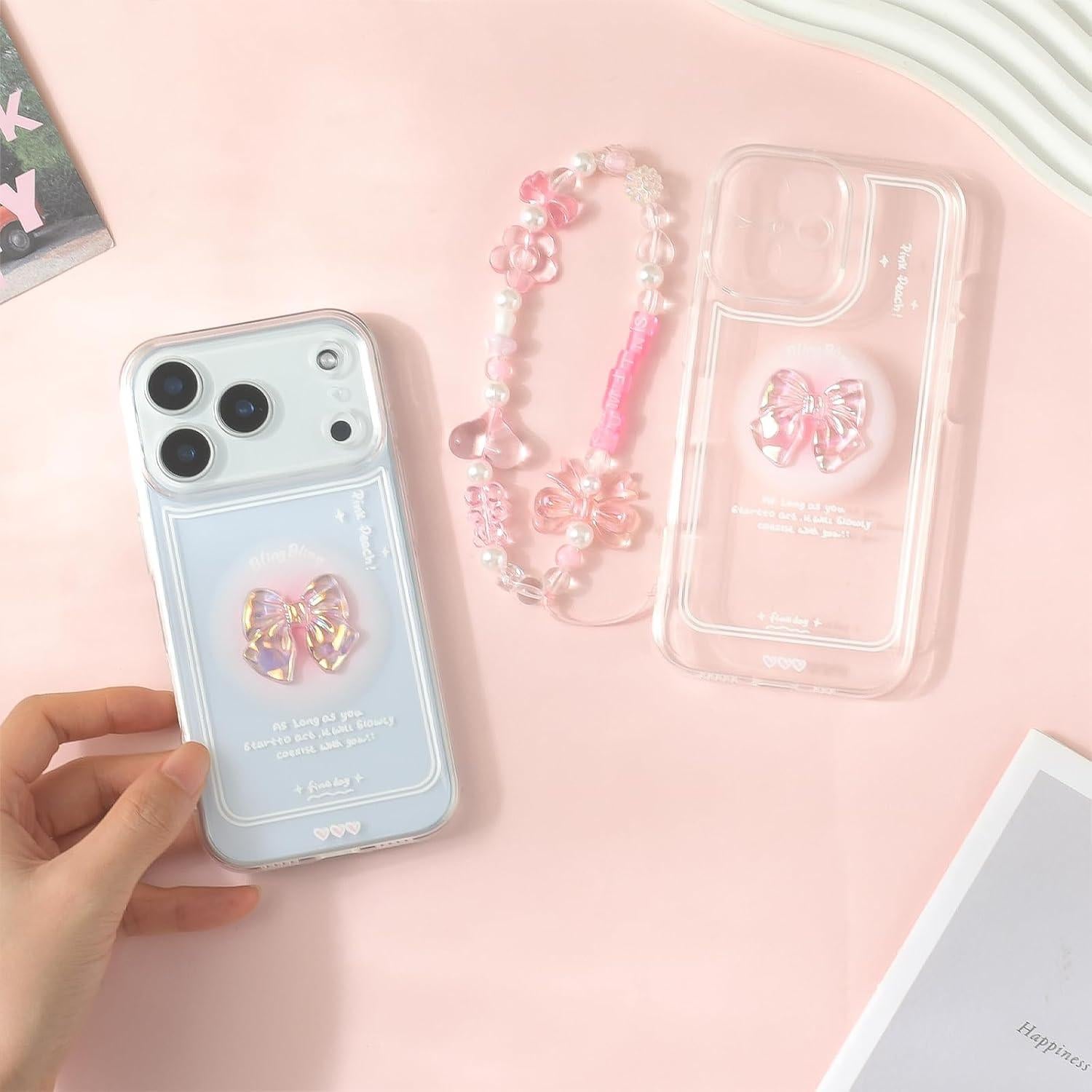 Funda para iPhone 17 Pro Rosa Lazo 3D TPU + Cadena Brillante