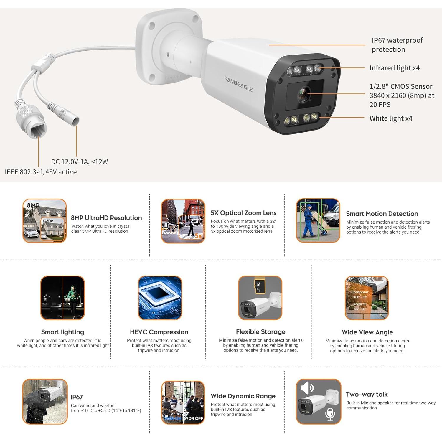 Cámara IP PoE PANOEAGLE 8MP Exterior Doble Luz 4K Zoom 5X