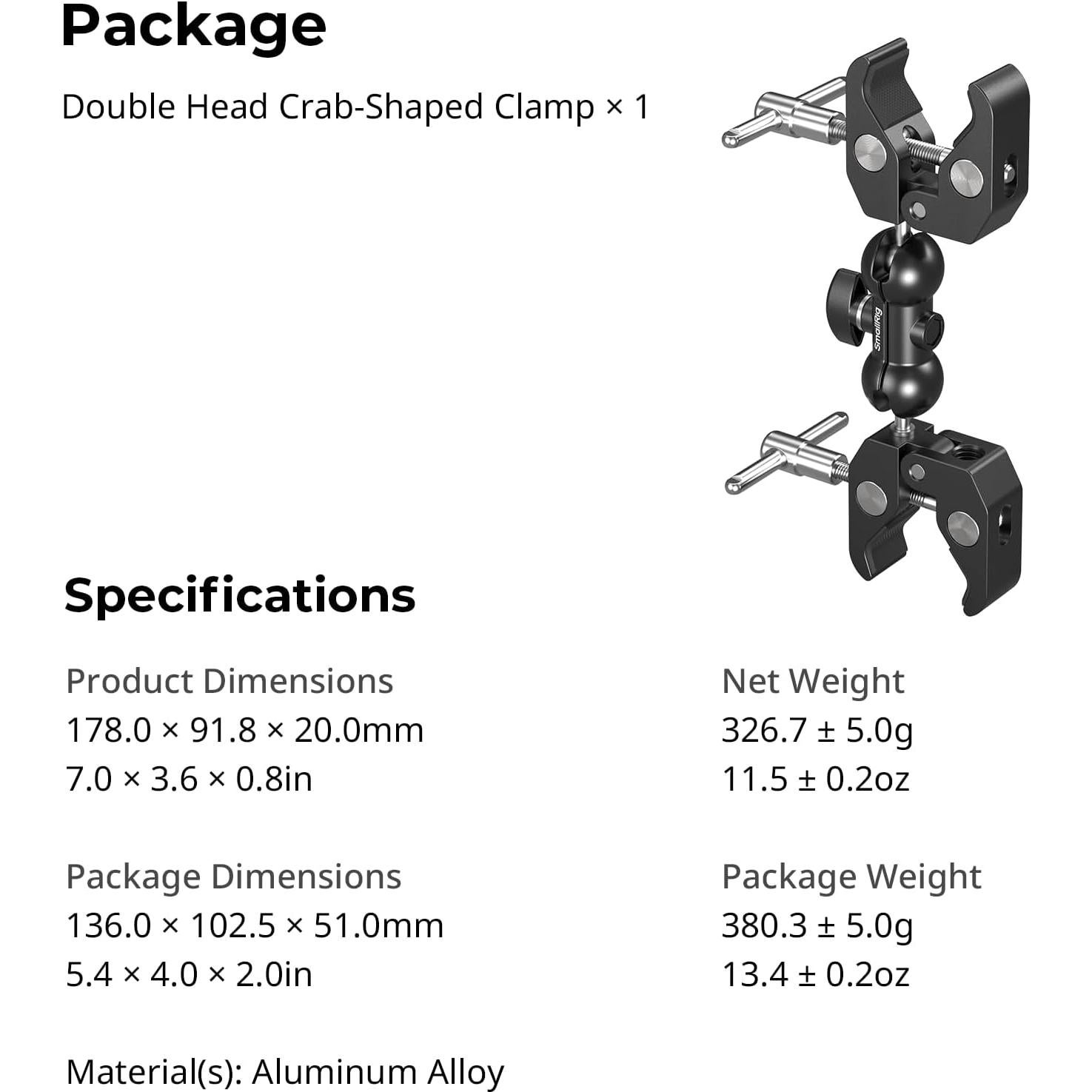 SMALLRIG Adjustable Double Clamp Mount, Dual Head 15-40mm Anti-Slip Clamp, 1.5kg Aluminum Alloy Clamp for Photography Lighting/Tripod/Studio - 5331