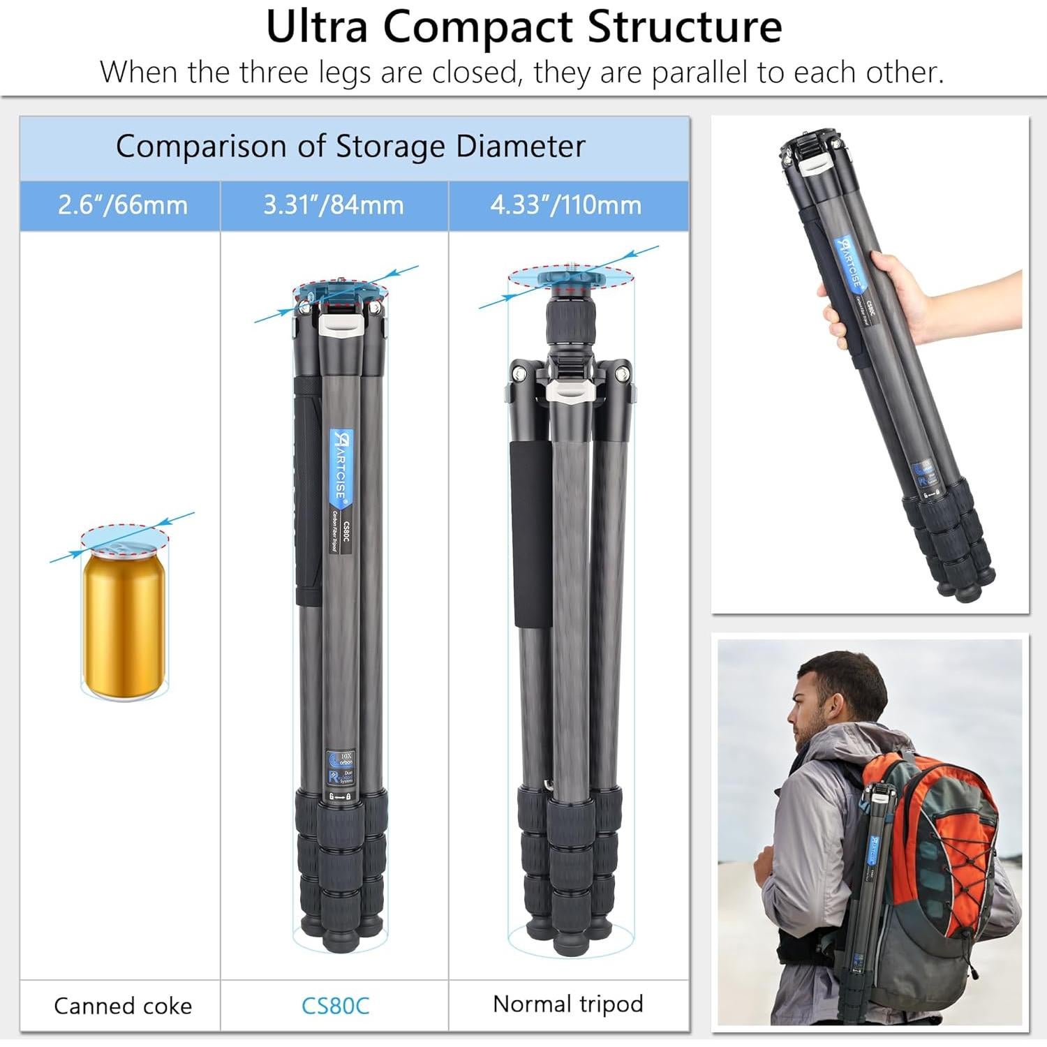 Trípode Profesional de Viaje ARTCISE CS90C - Fibra de Carbono 40mm