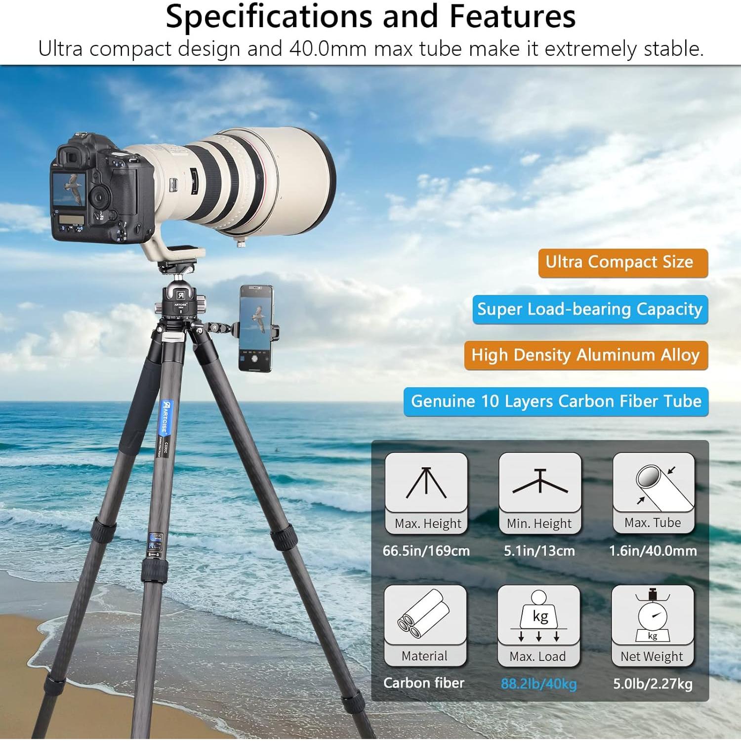 Trípode Profesional de Viaje ARTCISE CS90C - Fibra de Carbono 40mm