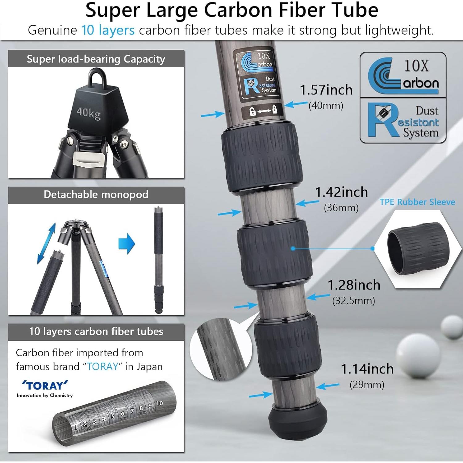 Trípode Profesional de Viaje ARTCISE CS90C - Fibra de Carbono 40mm