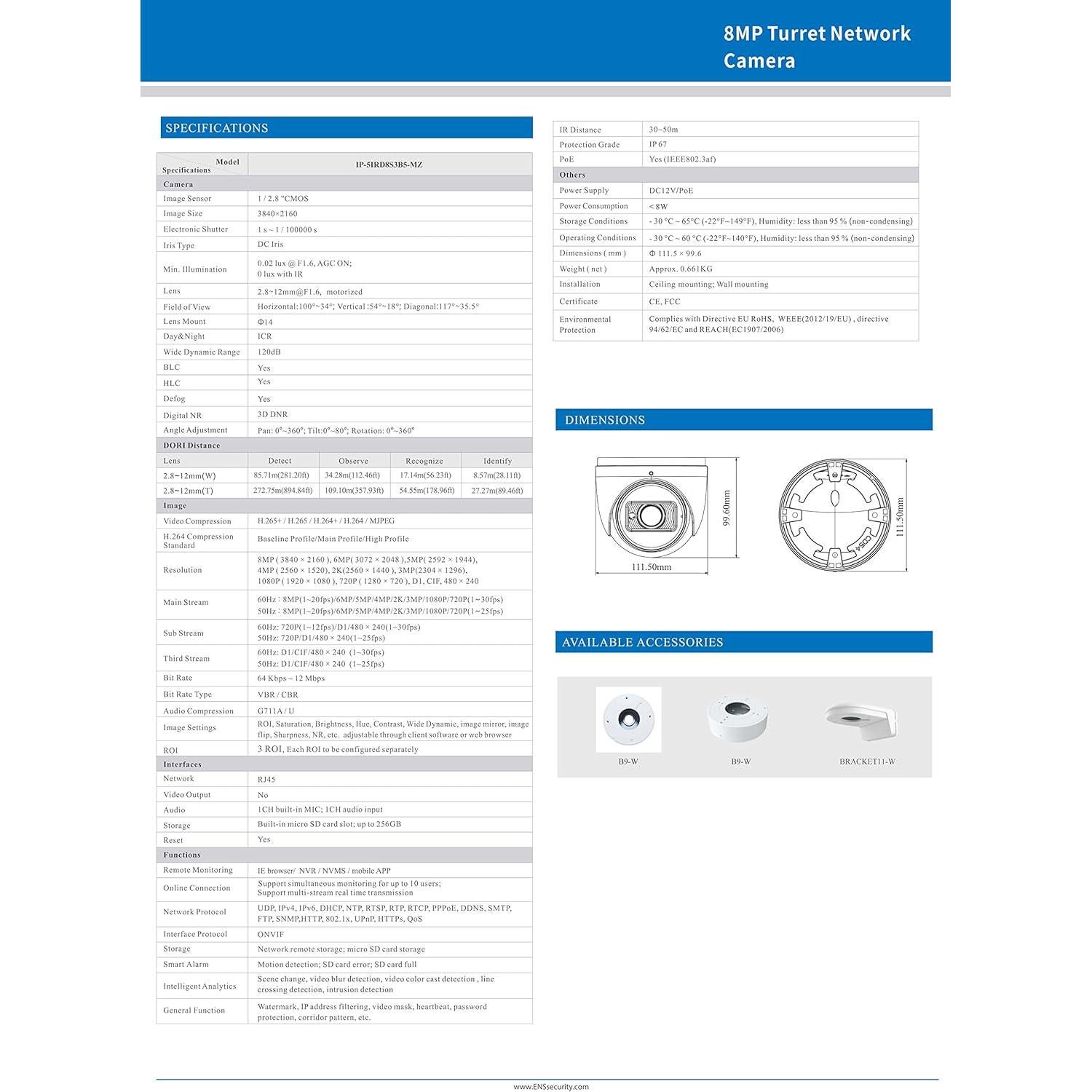 Cámara Turret HD 8MP ENS Security 2.8-12mm IP67 WDR