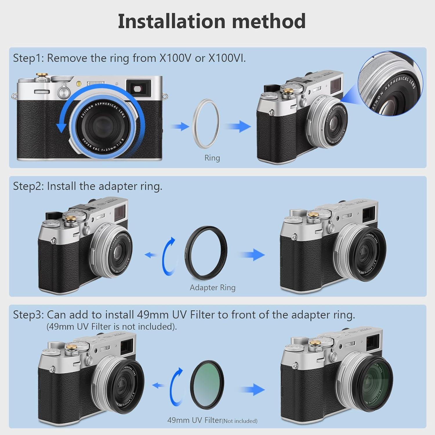 Anillo Adaptador de Filtro UV 49mm Haoge para Fujifilm X100VI/X100V