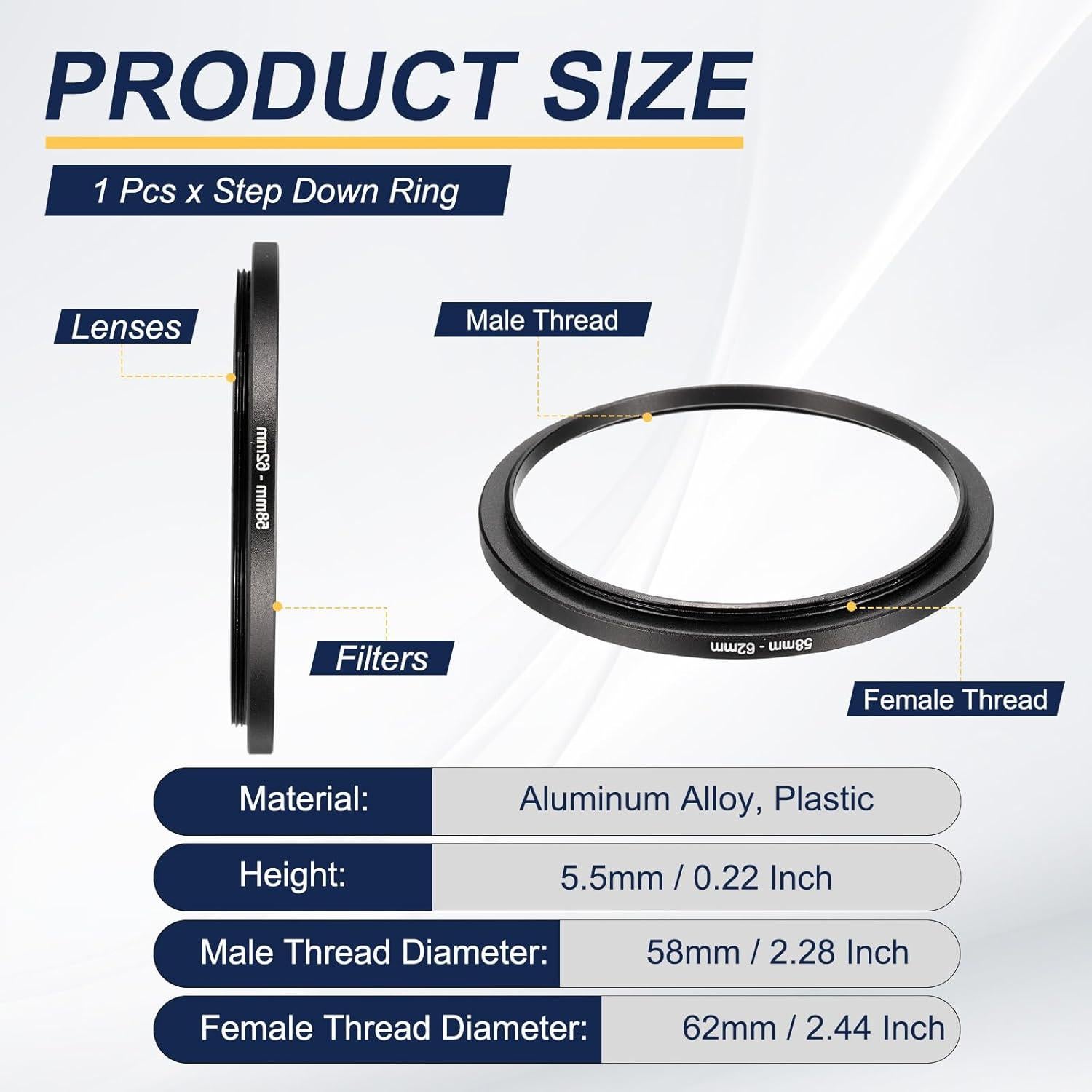 Adaptador de anillo de paso PATIKIL 58mm a 62mm para filtros DSLR