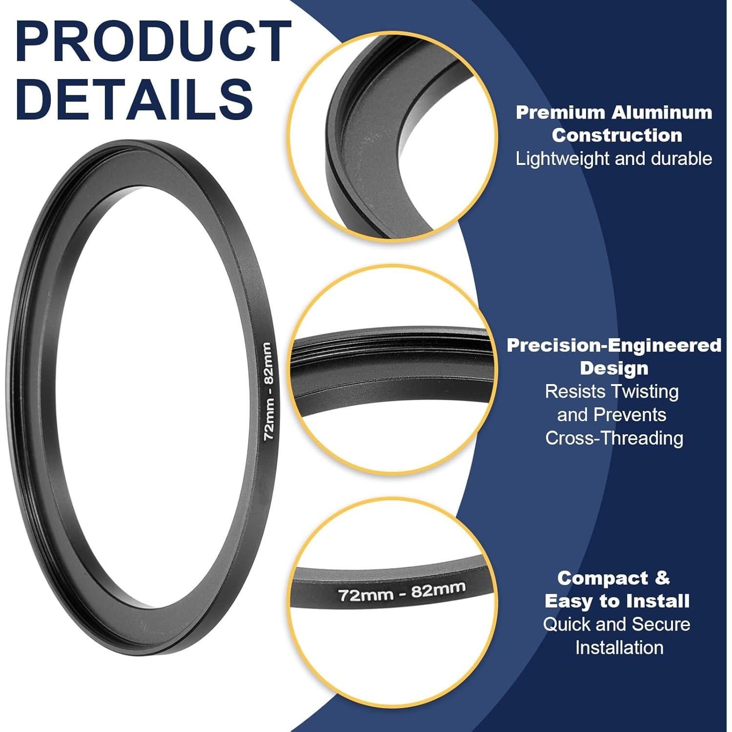 Adaptador de Anillo de Paso PATIKIL 72mm a 82mm Negro