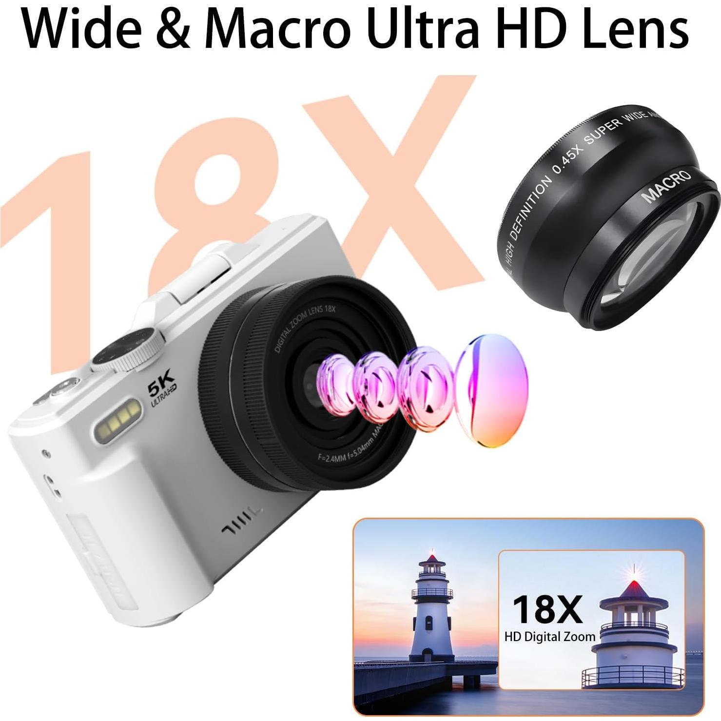 Cámara Digital Kidsreer 5K 75MP 18X Zoom WiFi y Micrófono