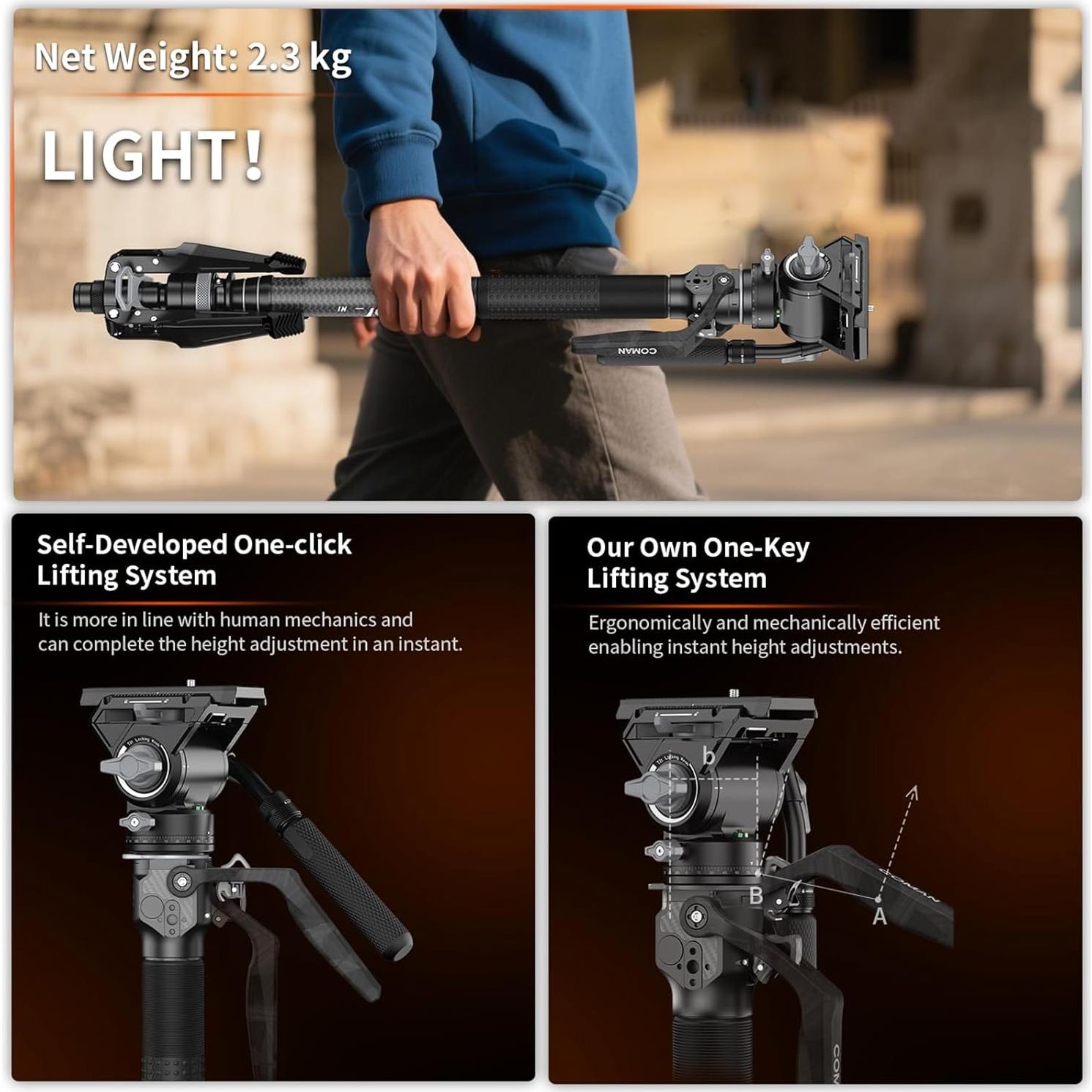 Monopod de cámara COMAN M1V5 170 cm con cabeza fluida V5