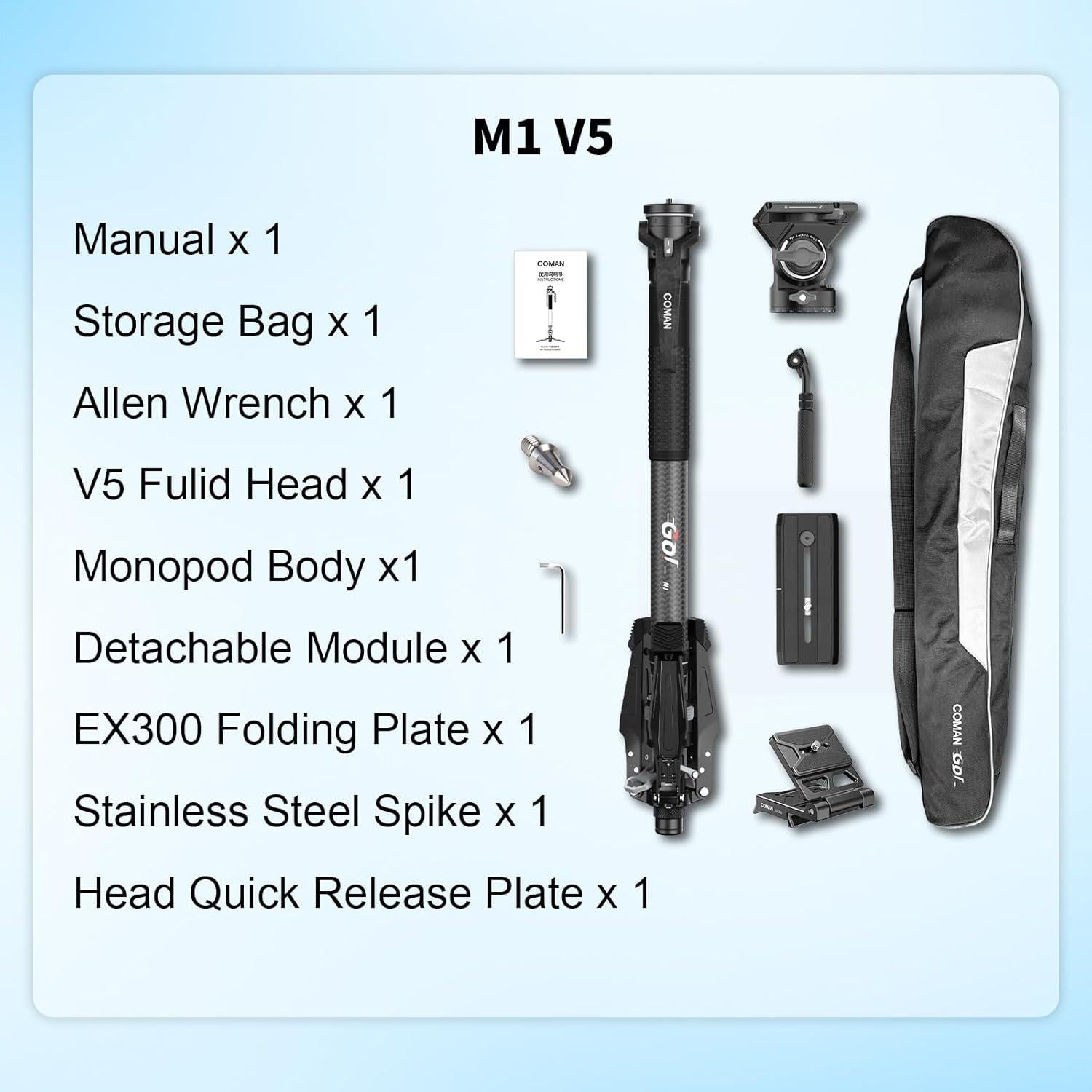 Monopod de cámara COMAN M1V5 170 cm con cabeza fluida V5