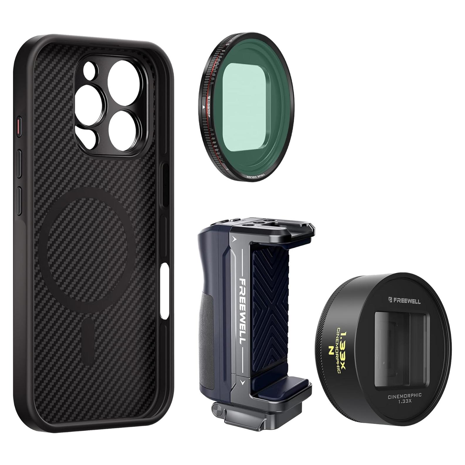 Kit de cineasta Freewell para iPhone 16 Pro: Funda, Lente Anamórfica 1.33x, Filtro VND 1-5