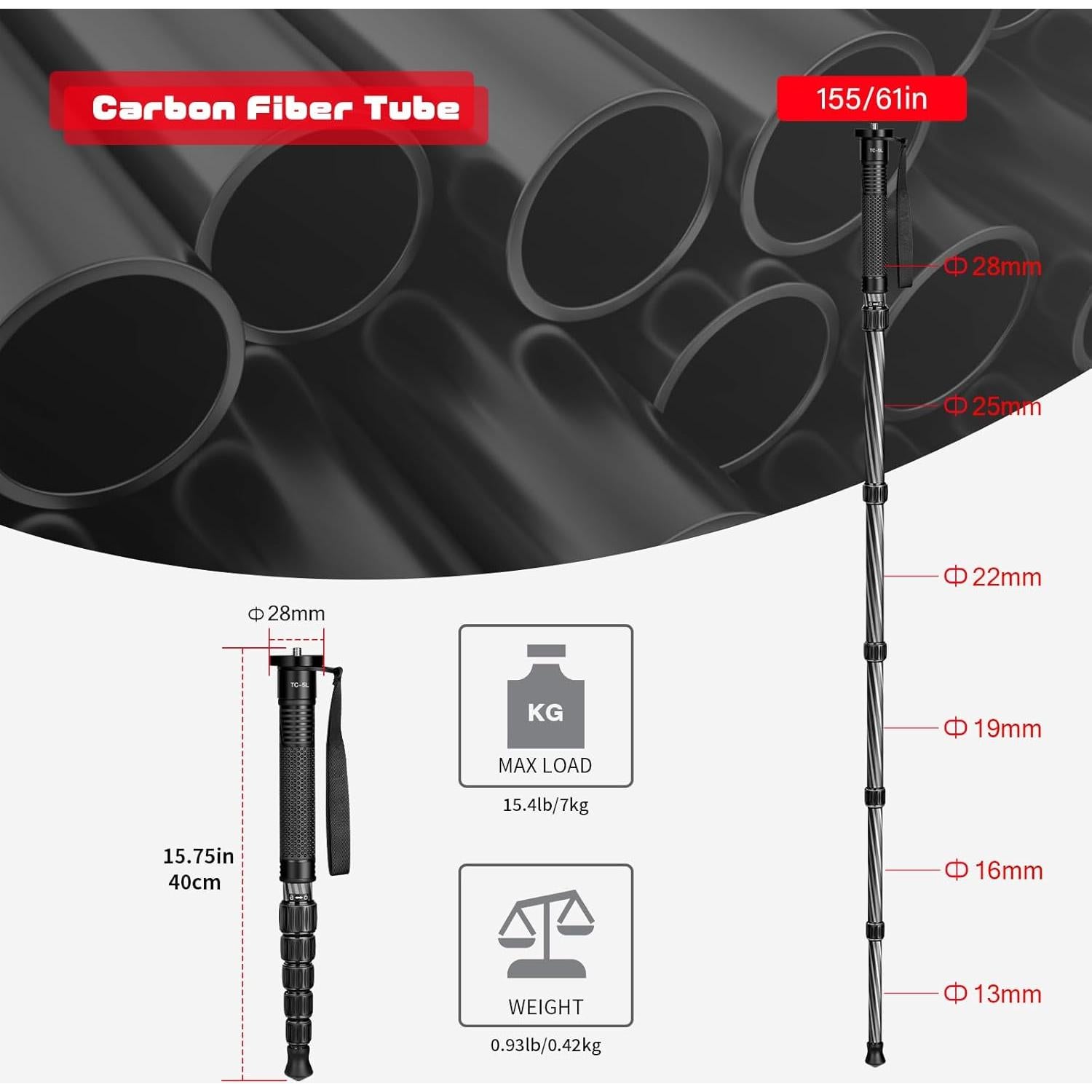 Monopod de Cámara TONYBOO TC-5L Fibra de Carbono 154.9 cm