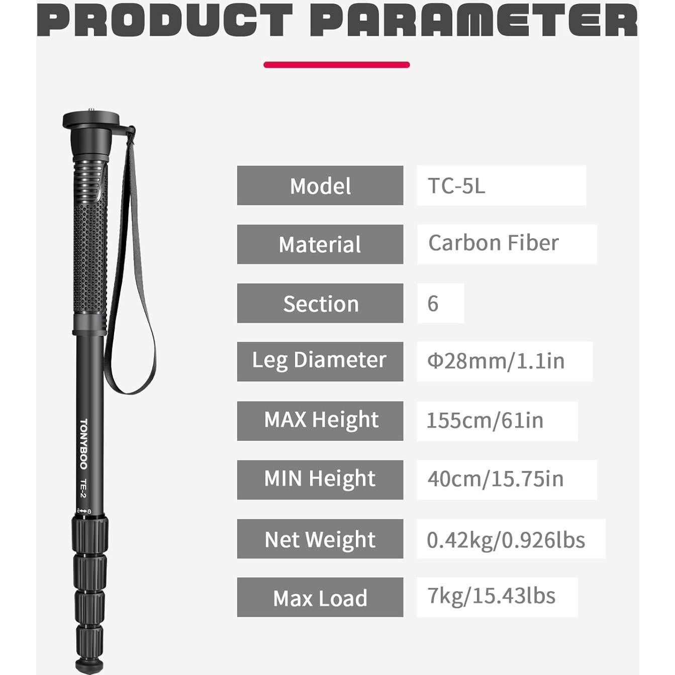 Monopod de Cámara TONYBOO TC-5L Fibra de Carbono 154.9 cm