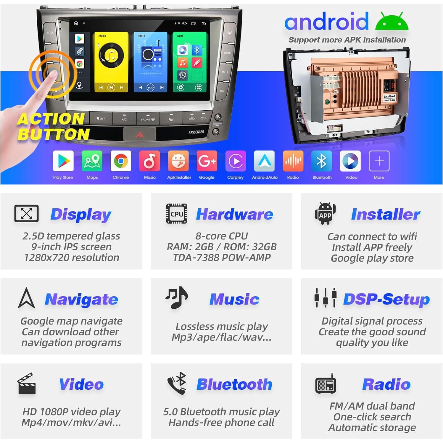Estéreo de Coche Android 12 SizxNanv 9" Pantalla Táctil Carplay