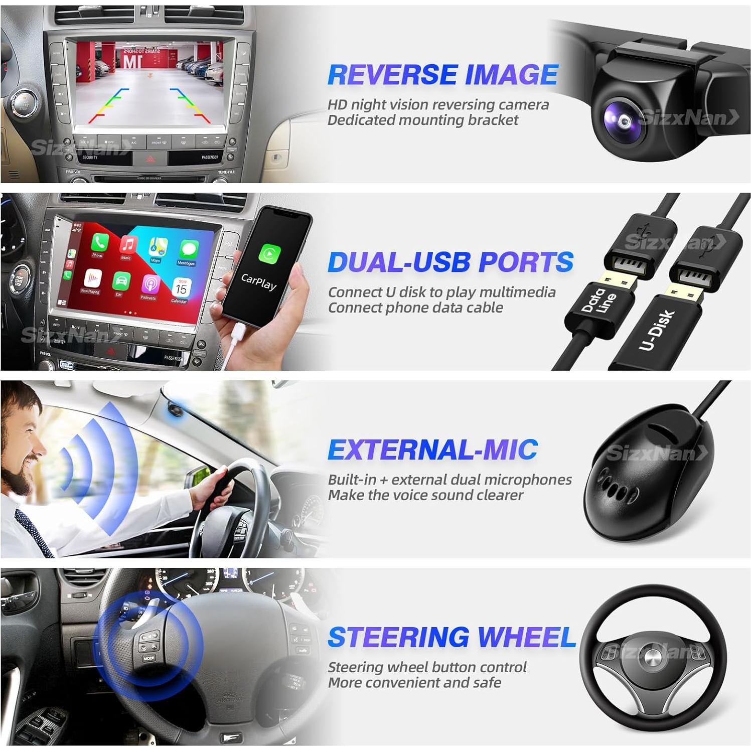 Estéreo de Coche Android 12 SizxNanv 9" Pantalla Táctil Carplay