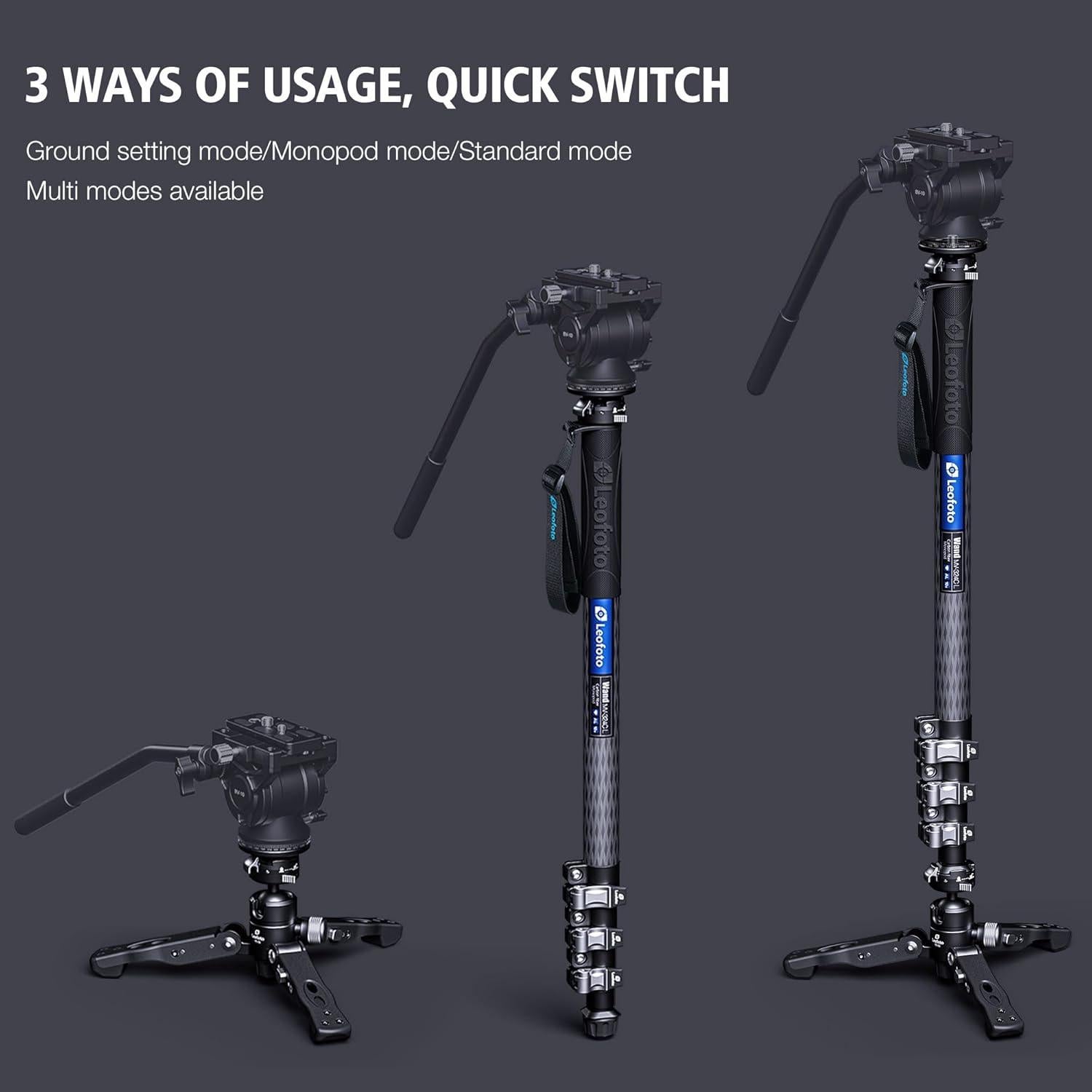 Monopie de cámara Leofoto MV-324CL de fibra de carbono 180cm