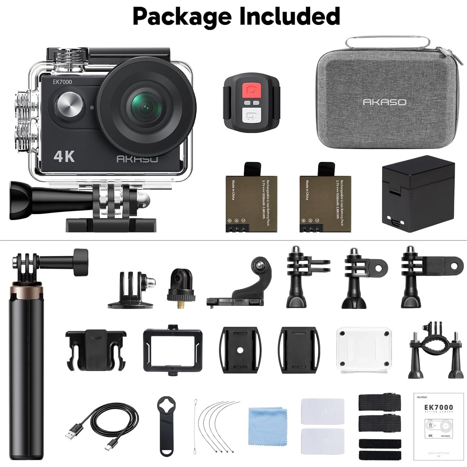 Cámara de acción AKASO EK7000 4K 20MP EIS 40M con trípode