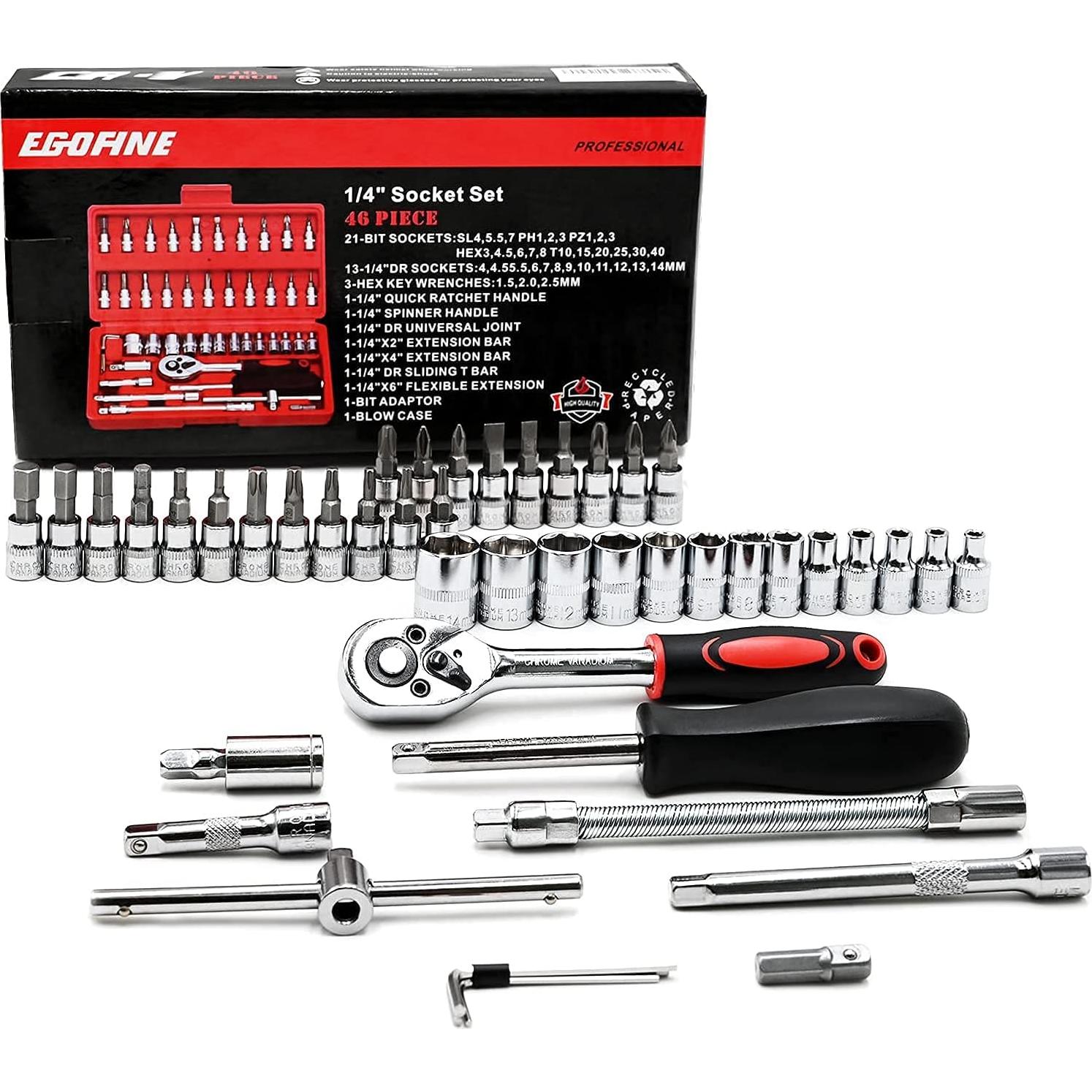 Juego de Llave de Carraca Egofine 46 Piezas 1/4" Métricas