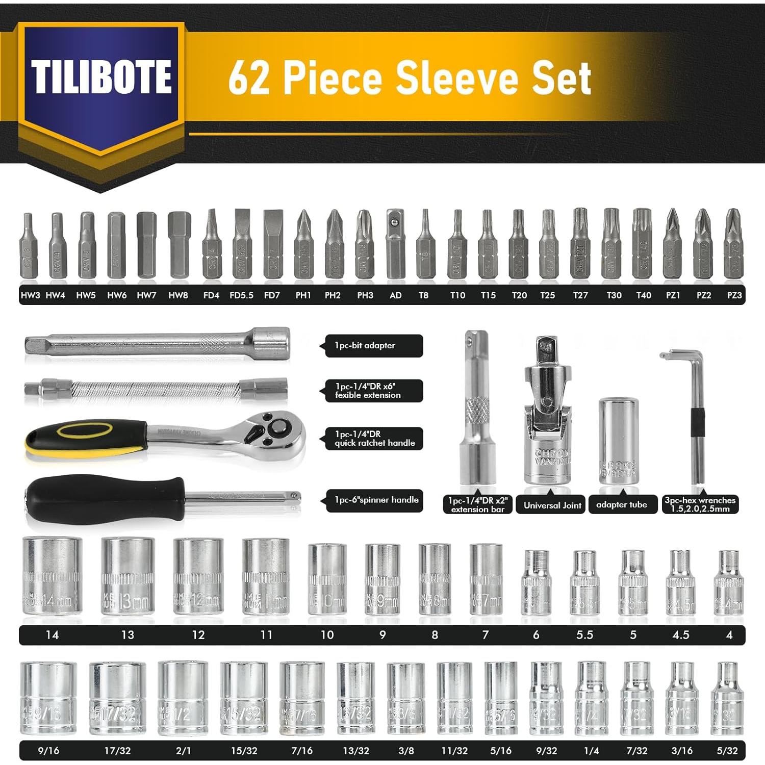 Juego de Llaves de Vaso TILIBOTE 62PCS 1/4" y 3/8"