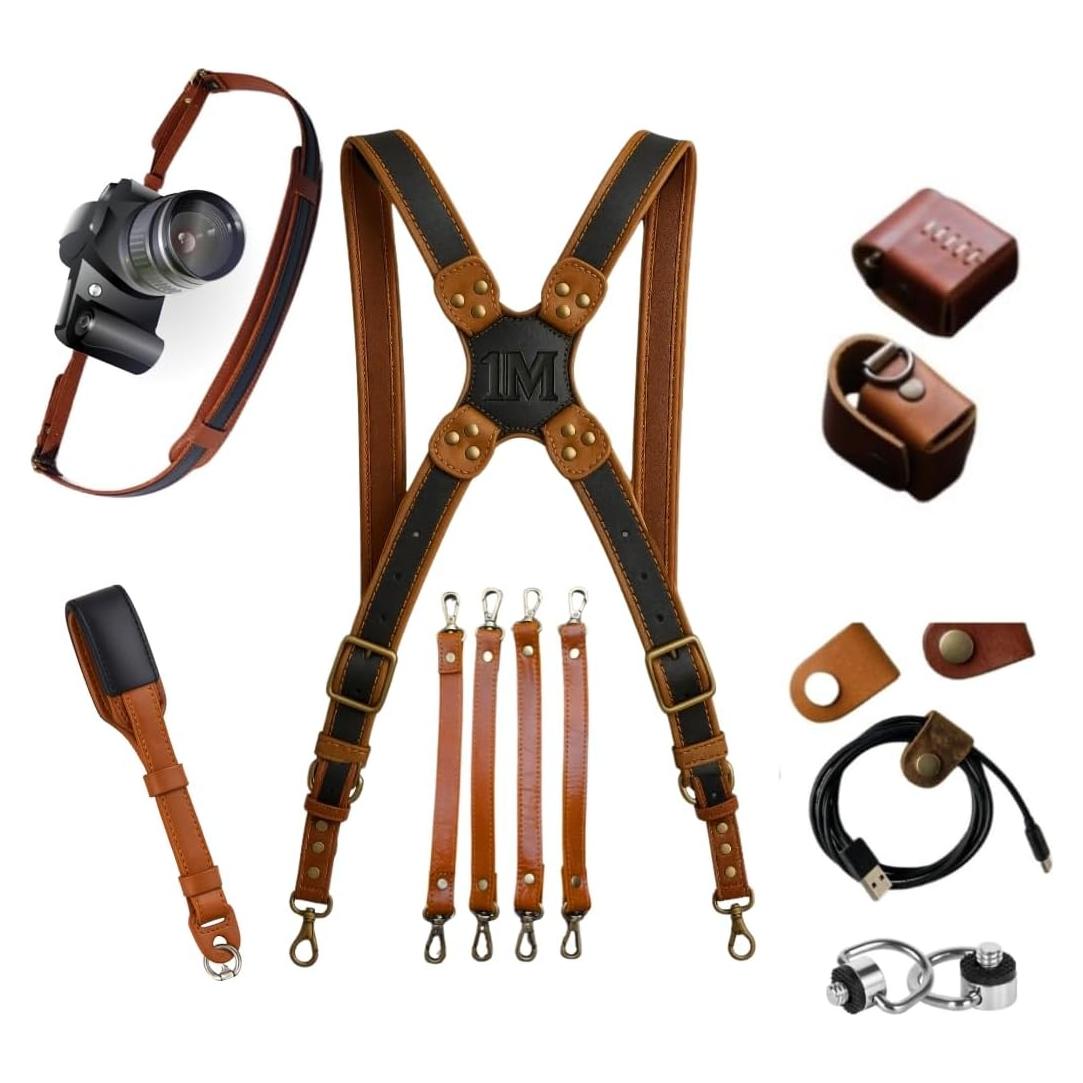 Conjunto Arnés de Cuero para Doble Cámara DSLR - Incluye Correas y Estuche SD