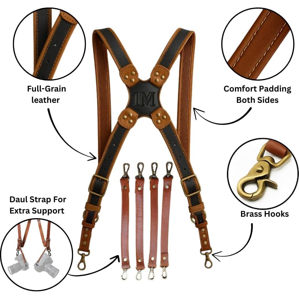Conjunto Arnés de Cuero para Doble Cámara DSLR - Incluye Correas y Estuche SD