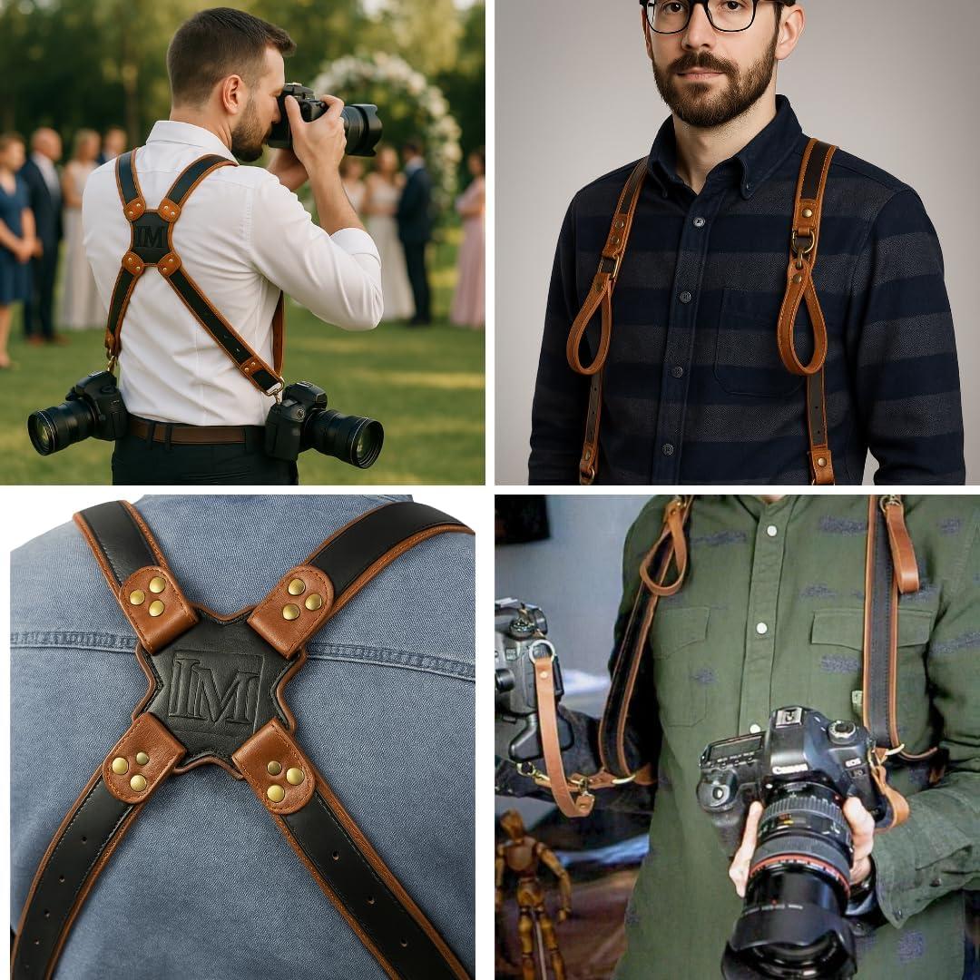 Conjunto Arnés de Cuero para Doble Cámara DSLR - Incluye Correas y Estuche SD