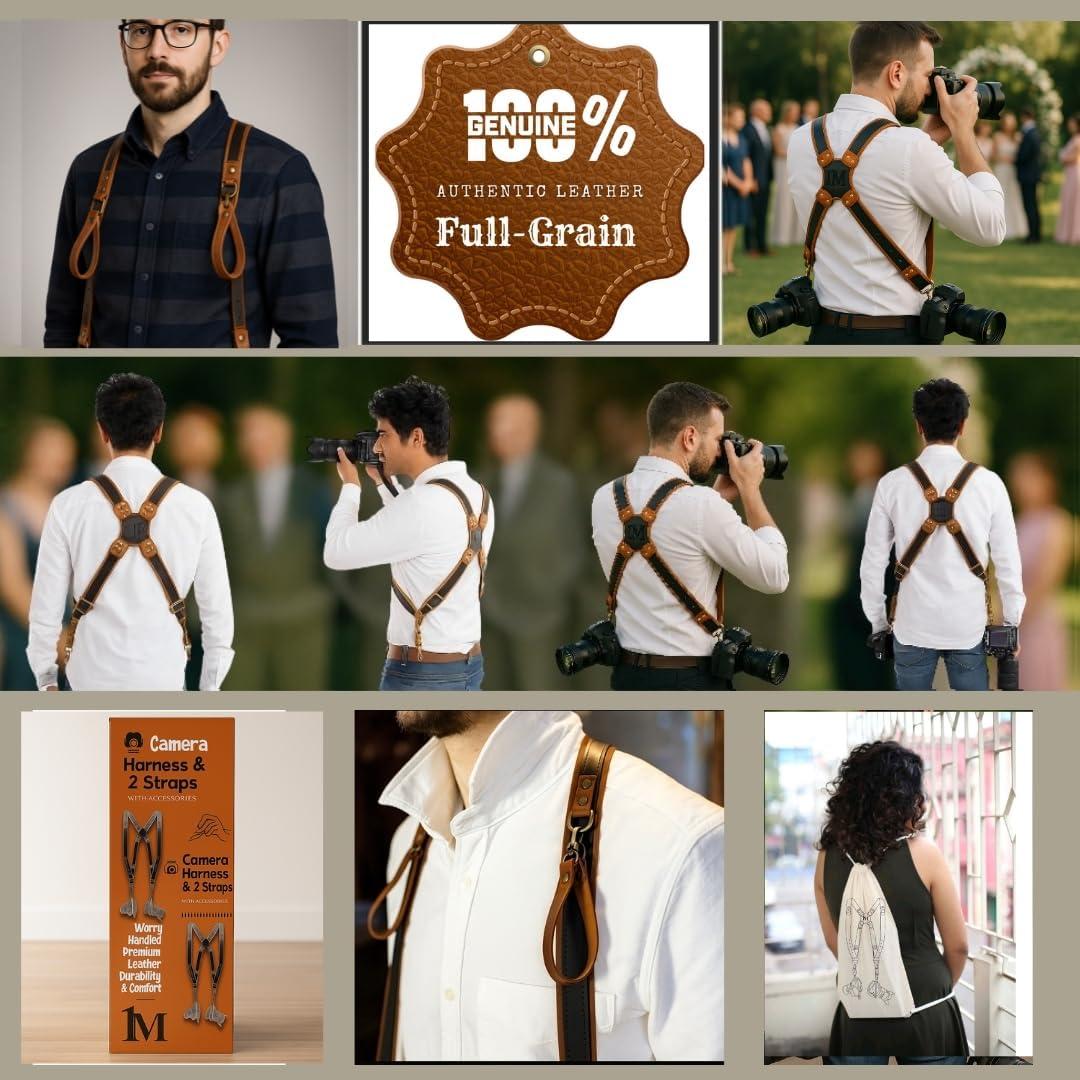 Conjunto Arnés de Cuero para Doble Cámara DSLR - Incluye Correas y Estuche SD