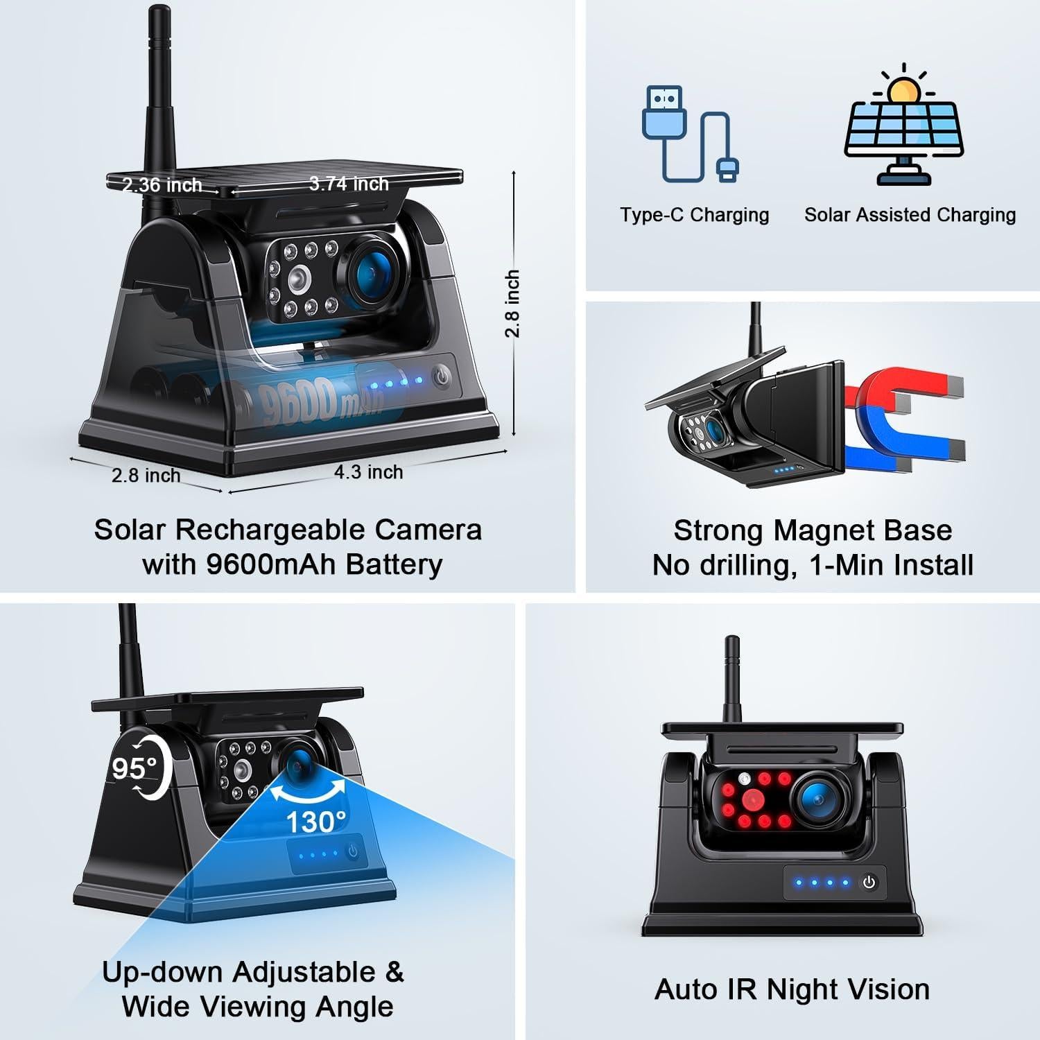 Cámara de Respaldo Solar Fookoo 7" Inalámbrica HD 1080P