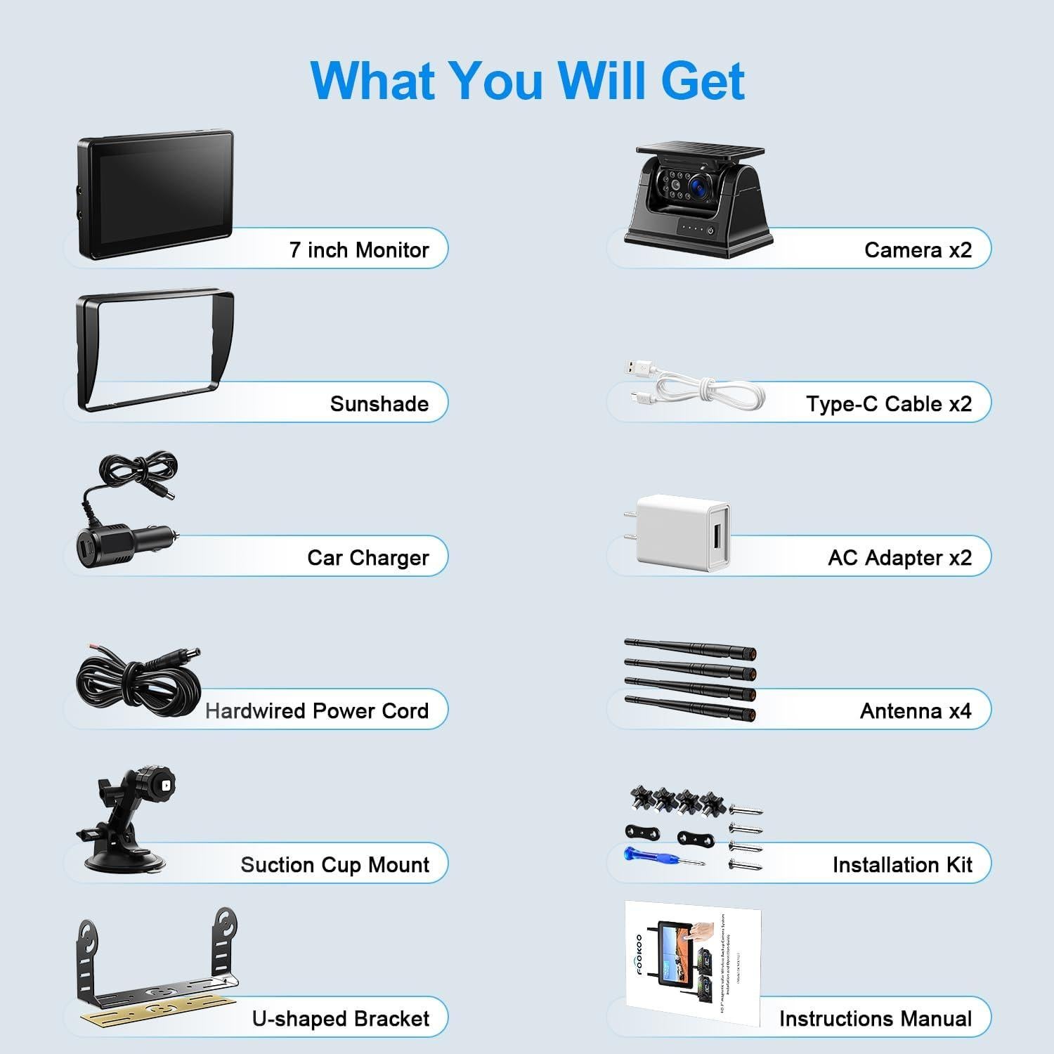 Cámara de Respaldo Solar Fookoo 7" Inalámbrica HD 1080P