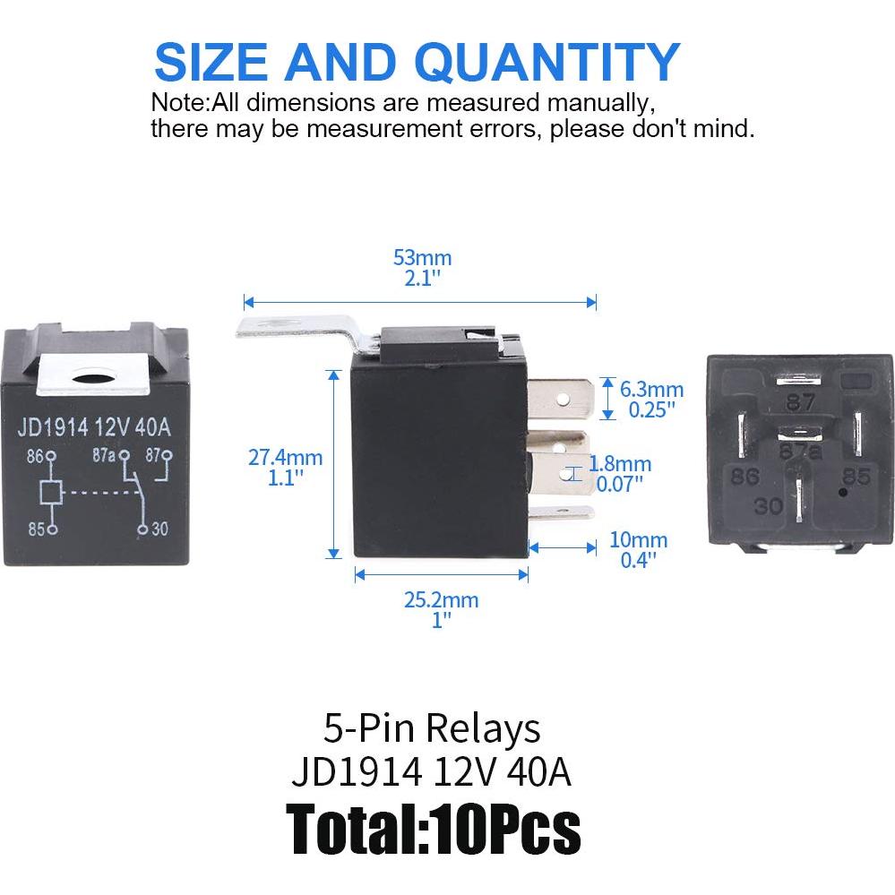 Paquete de 10 Relés Eléctricos SPDT 12V 30/40A 5 Pines Glarks