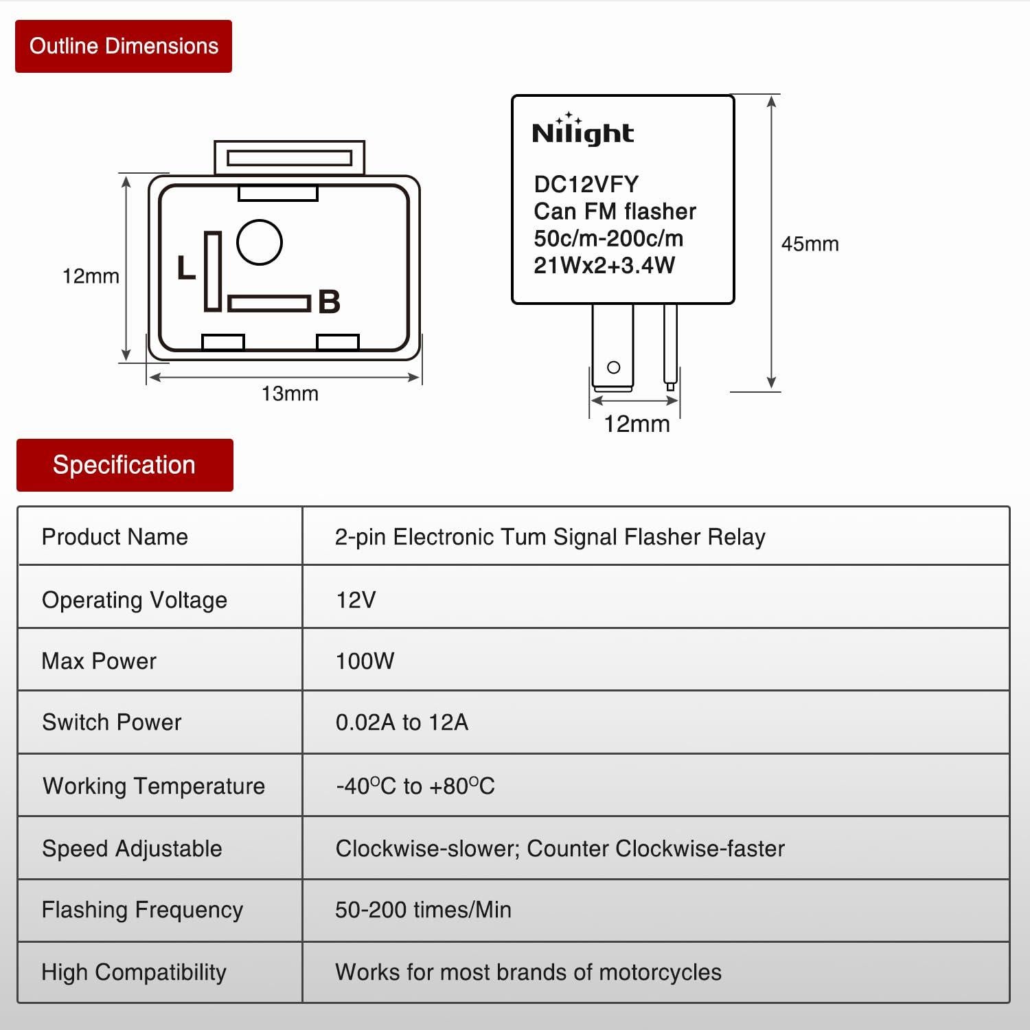 Relé Intermitente Electrónico Nilight 2 Pines 12V Ajustable