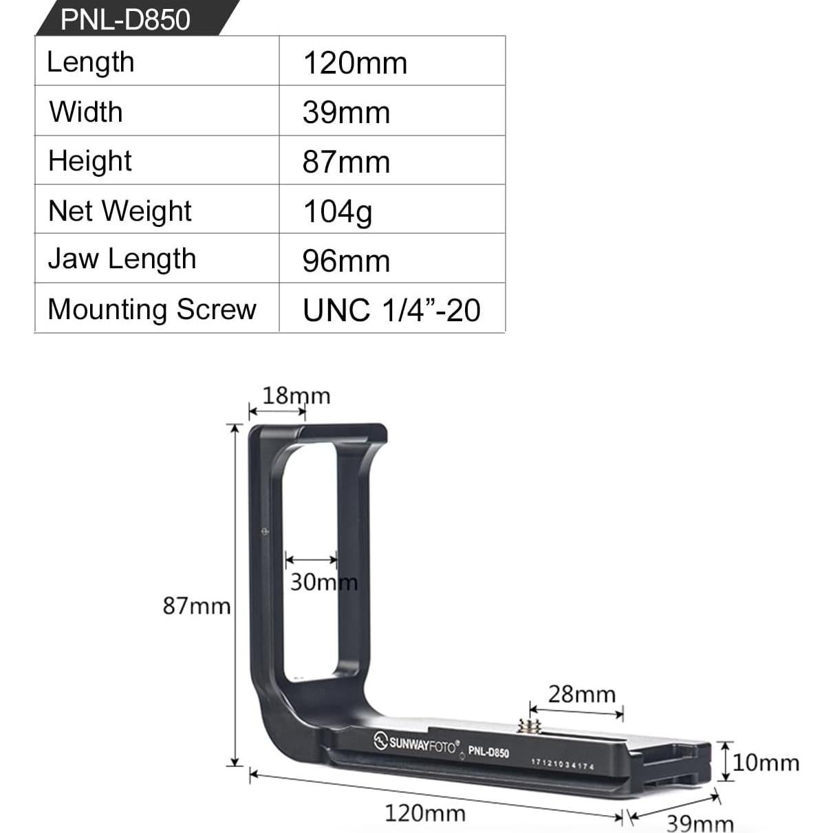Soporte en L para Cámara D850 Genérico - Placa QR 120mm