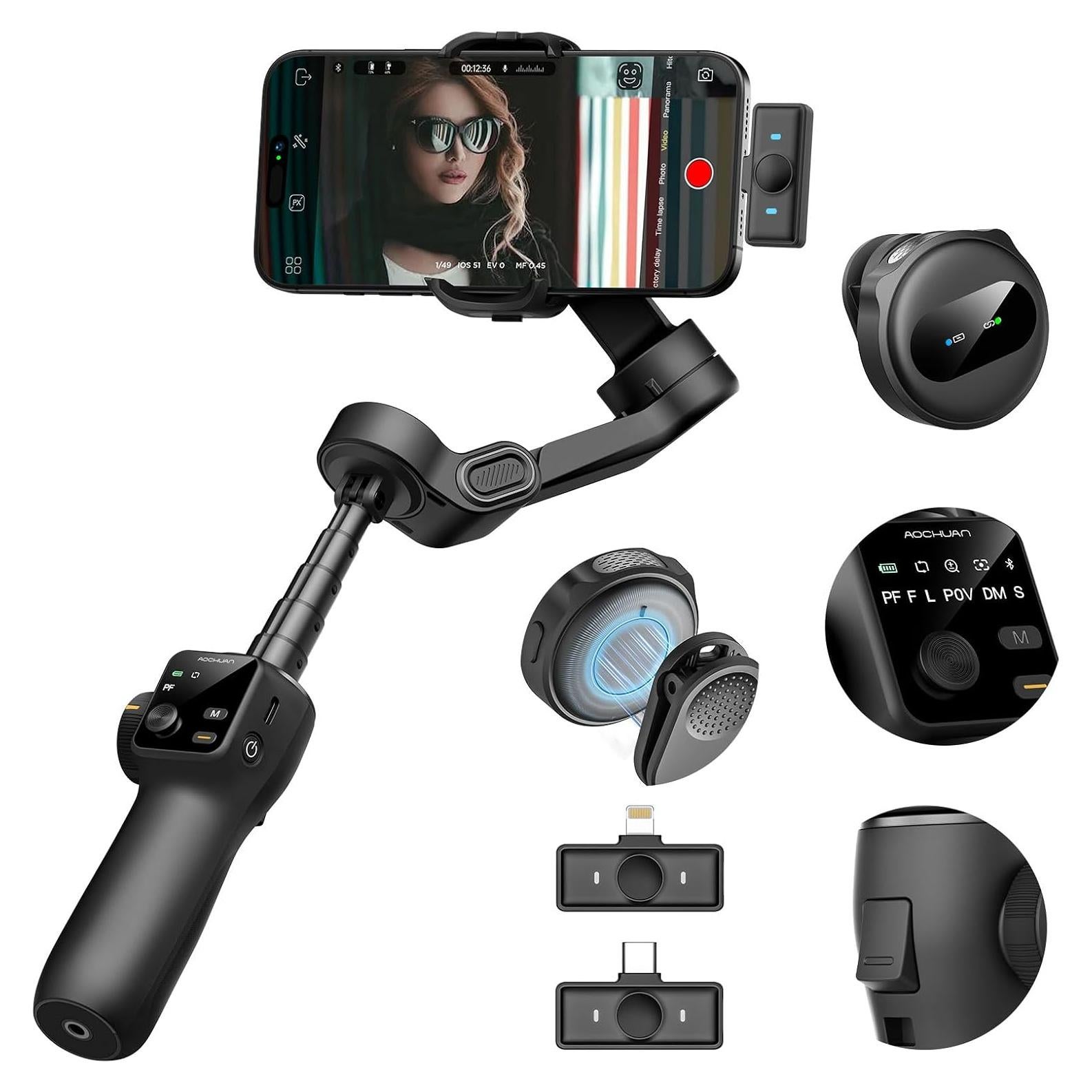 Estabilizador Gimbal 3 Ejes AOCHUAN V8 Mic con Micrófono Inalámbrico