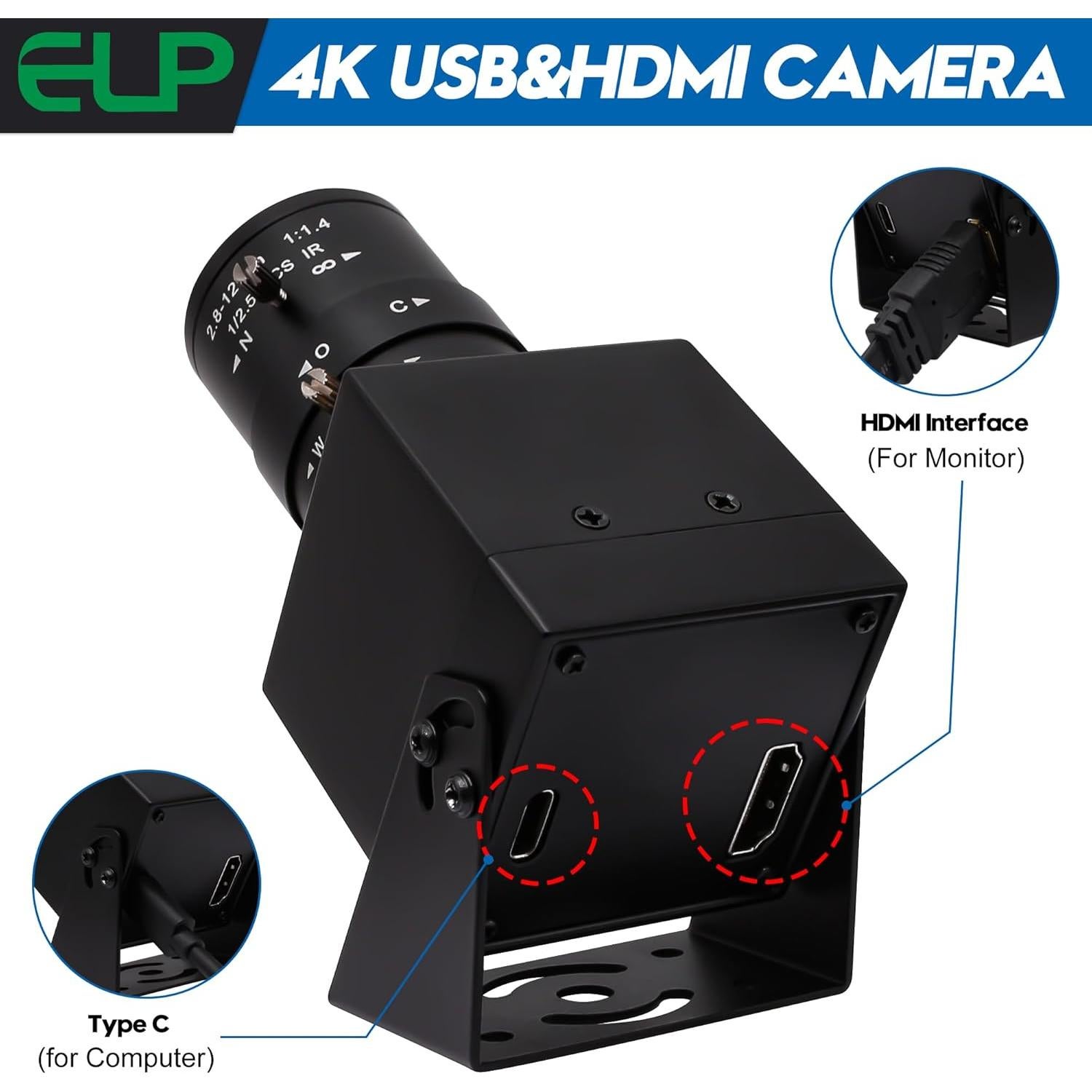 Cámara USB HDMI ELP 4K con Zoom 4X y Lente 2.8-12mm