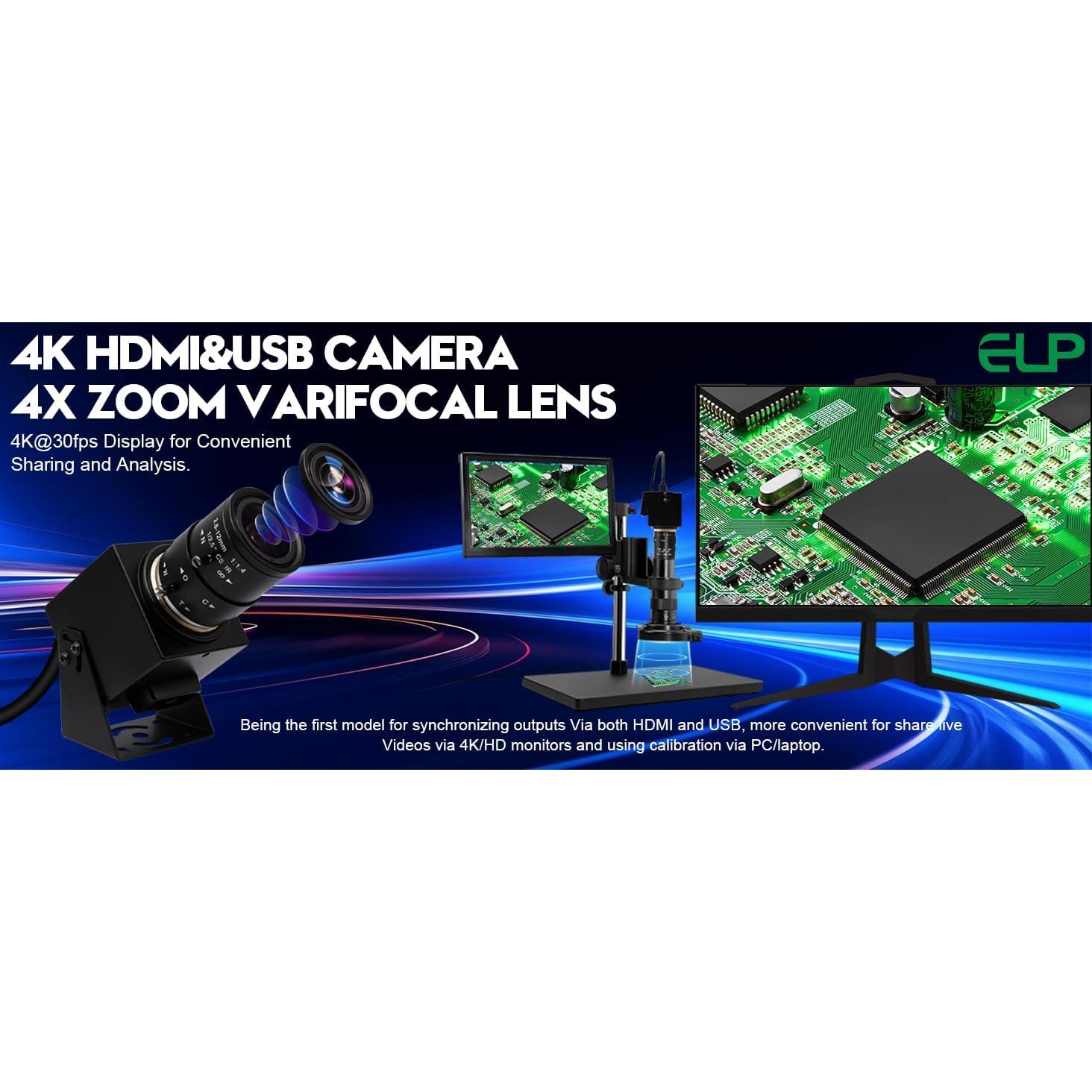 Cámara USB HDMI ELP 4K con Zoom 4X y Lente 2.8-12mm