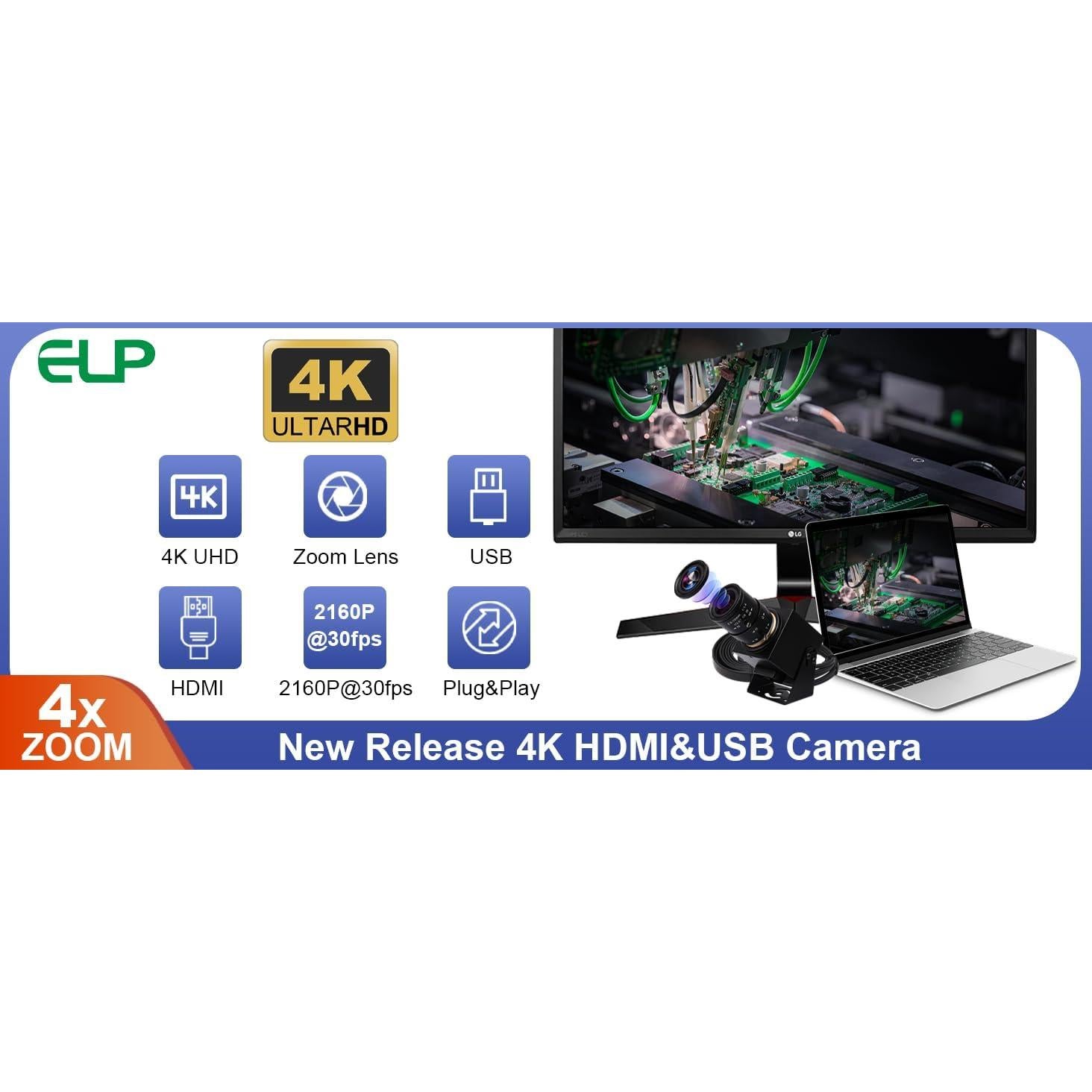 Cámara USB HDMI ELP 4K con Zoom 4X y Lente 2.8-12mm